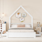 Wood Queen Size House Platform Bed with Guardrail and 2 Drawers