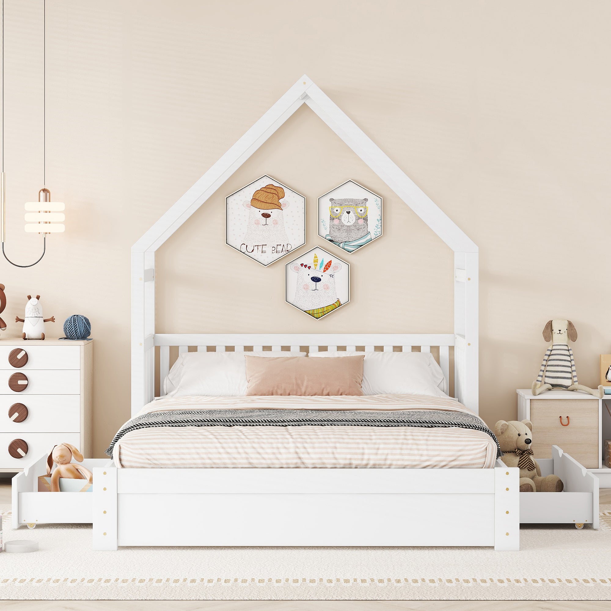 Wood Queen Size House Platform Bed with Guardrail and 2 Drawers