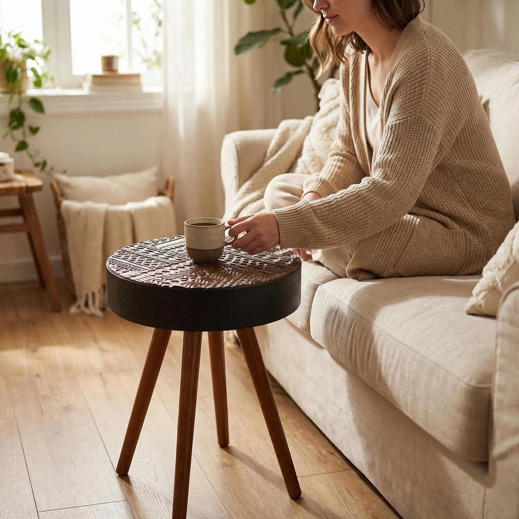 15.7" Round Small Drink Table with Solid Wood Legs