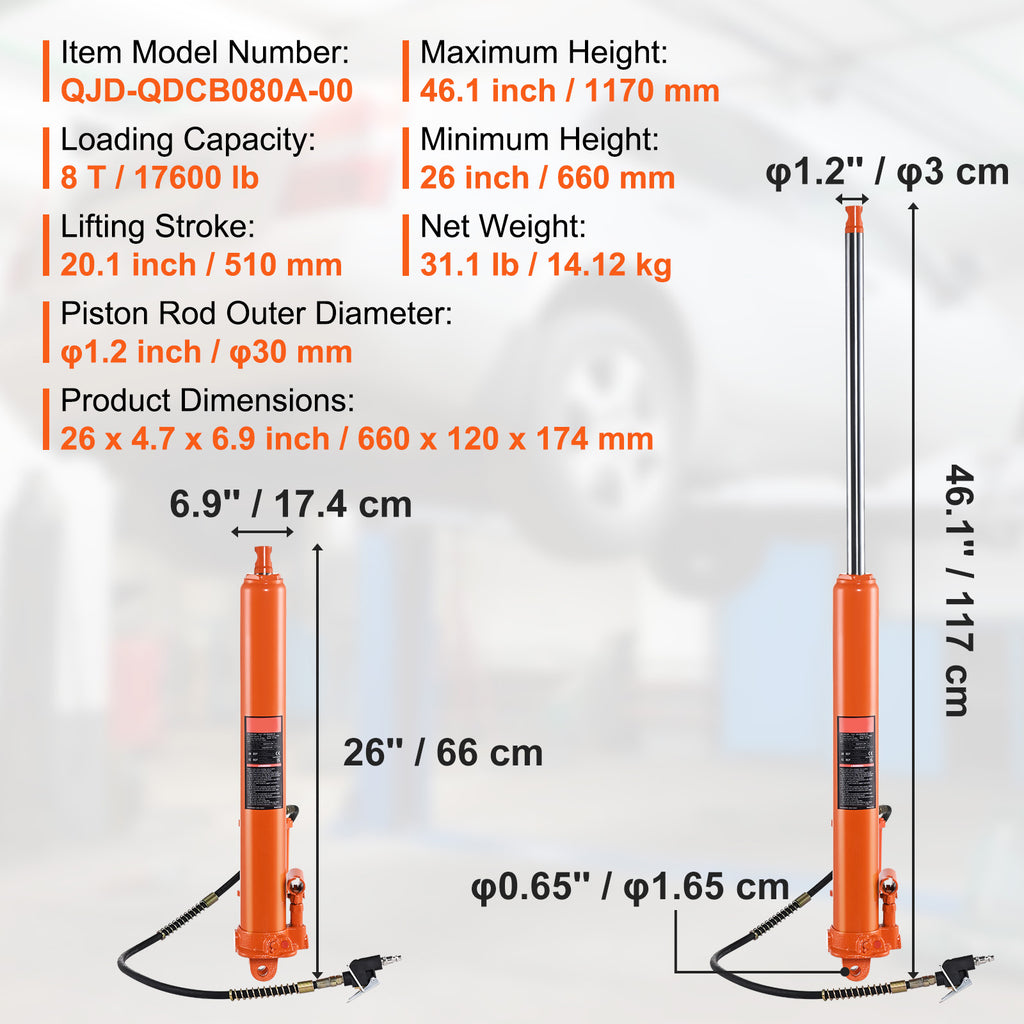 Hydraulic Long Ram Jack, 8 Ton Engine Hoist