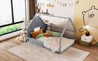 Full Size Wood House Bed with Window and Fence