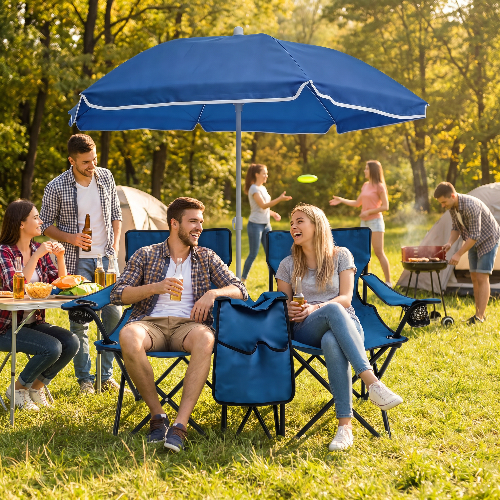 Portable Double Folding Beach Chair Set with Umbrella
