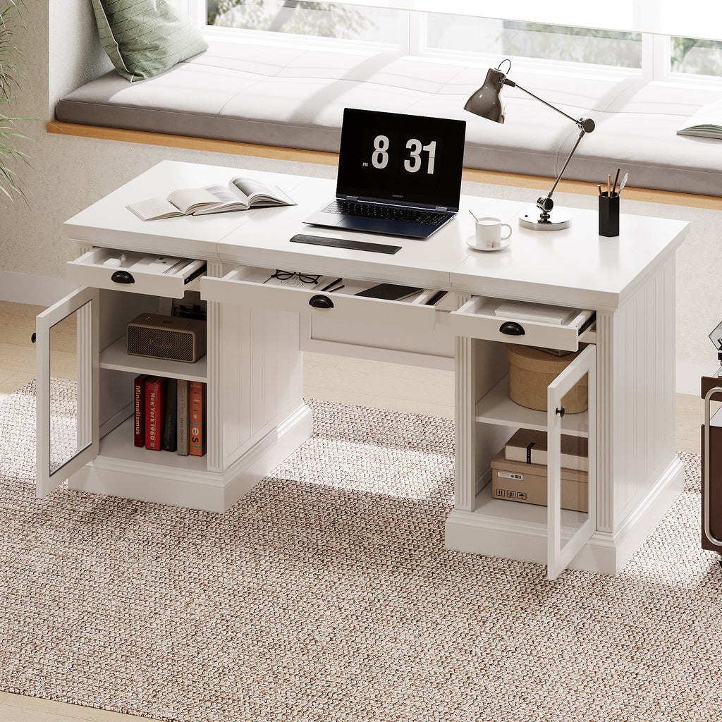 67" Modern Executive Desk with Glass Doors and Drawers