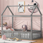 Twin Size Wood House Bed with Fence and Door - Gray