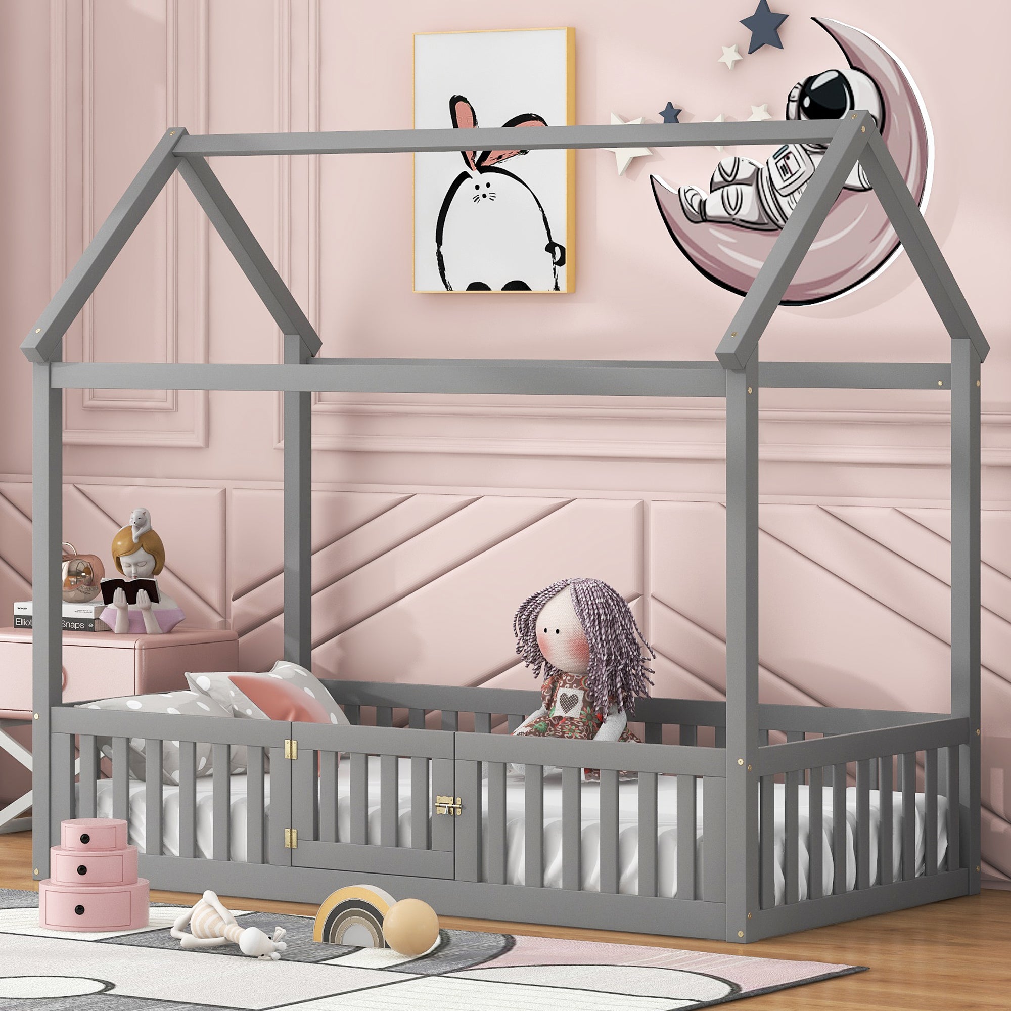 Twin Size Wood House Bed with Fence and Door - Gray