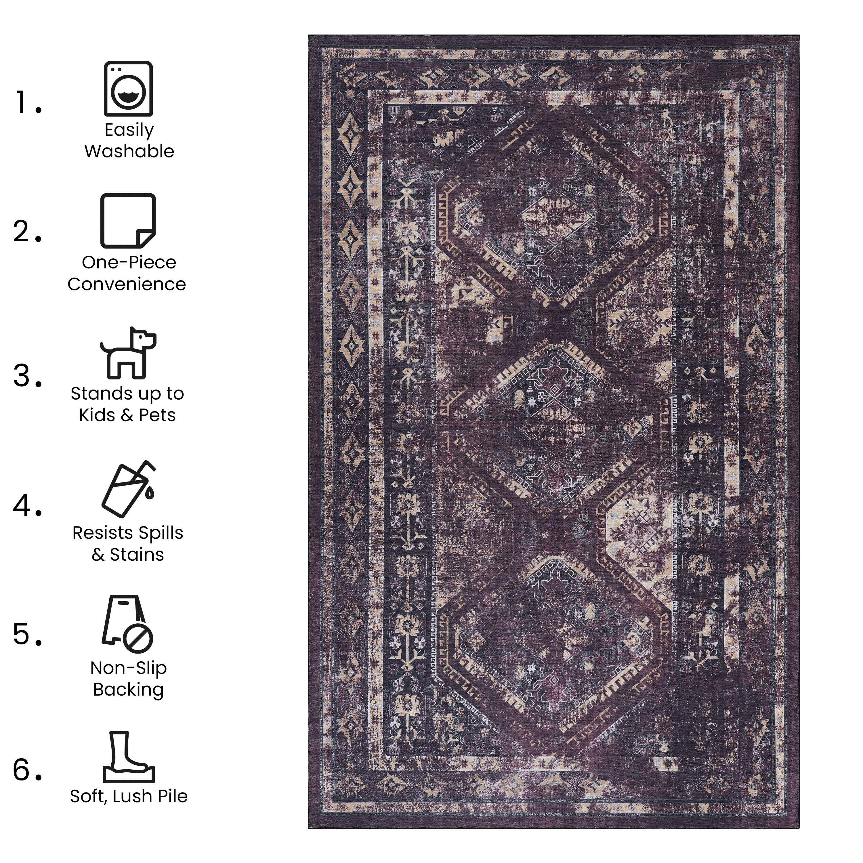 Maval Burgundy Washable Rug 8x10 Area Rug