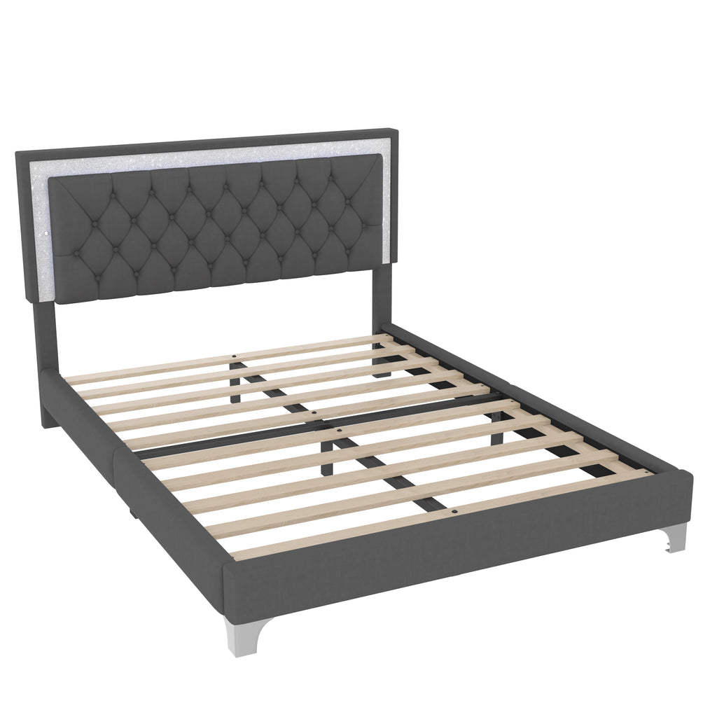 3-Pieces Bedroom Set - Queen Size Upholstered Platform Bed with LED Lights