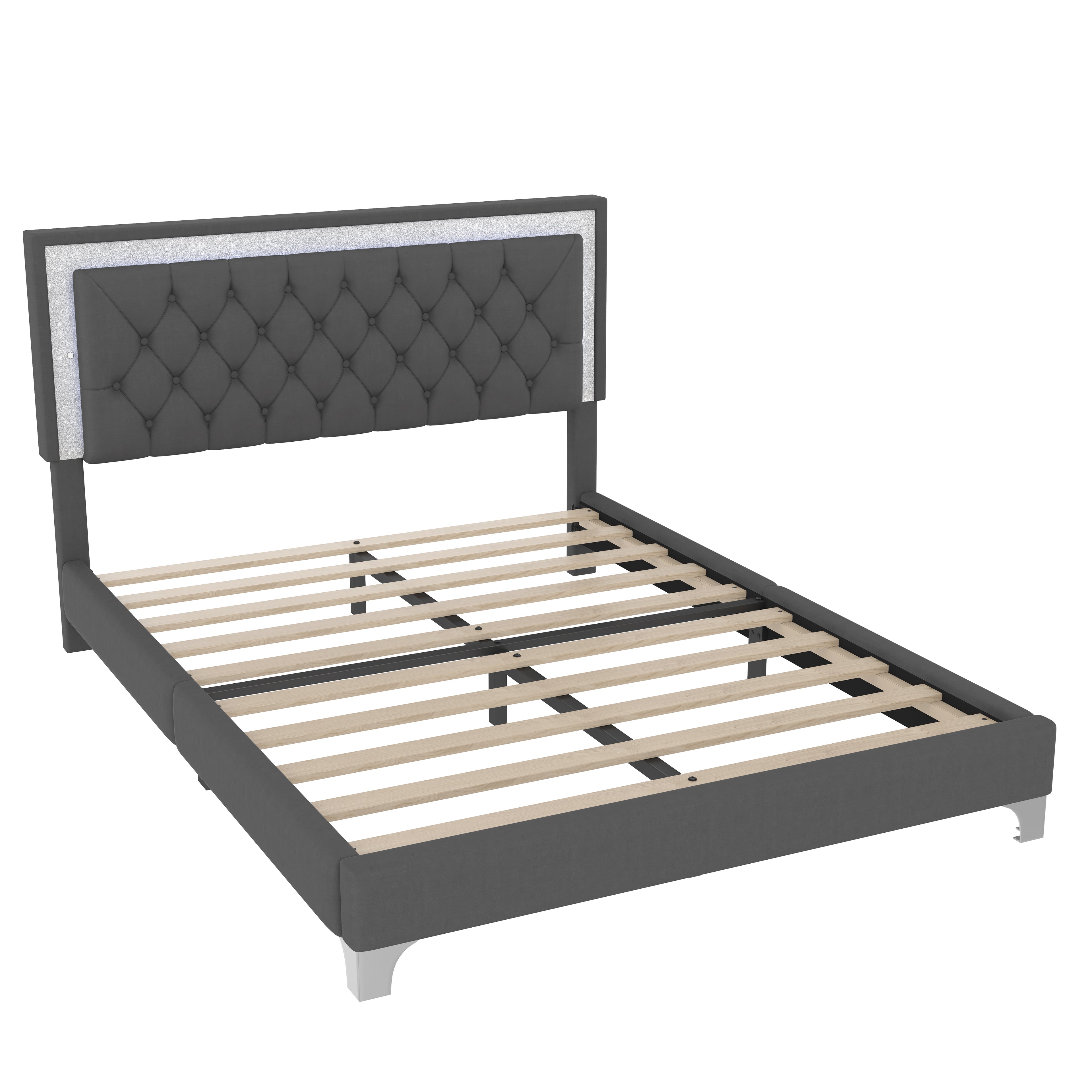 3-Pieces Bedroom Set - Queen Size Upholstered Platform Bed with LED Lights