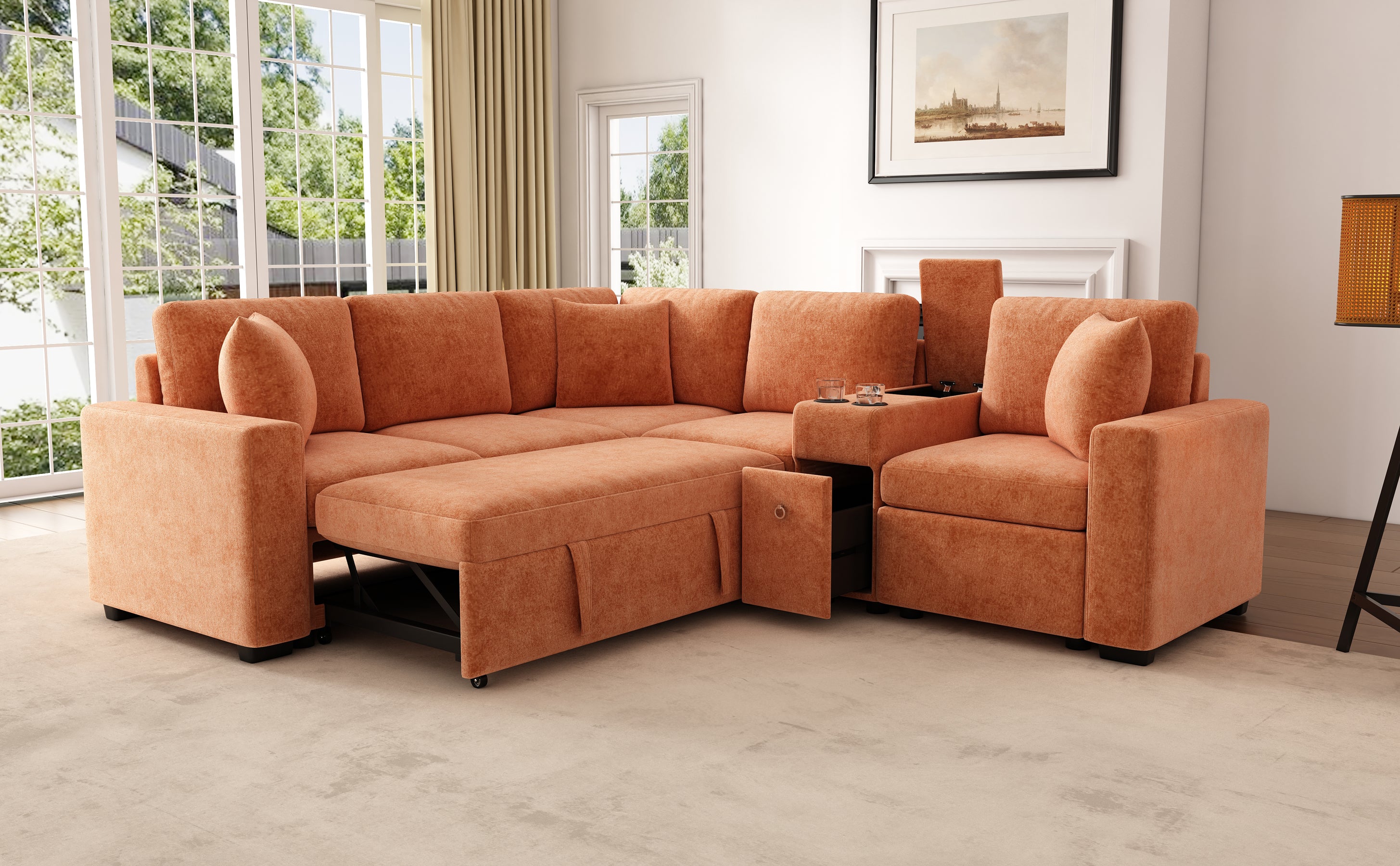 120.5" L-shaped Convertible Sofa Bed Modular Sectional Sofa