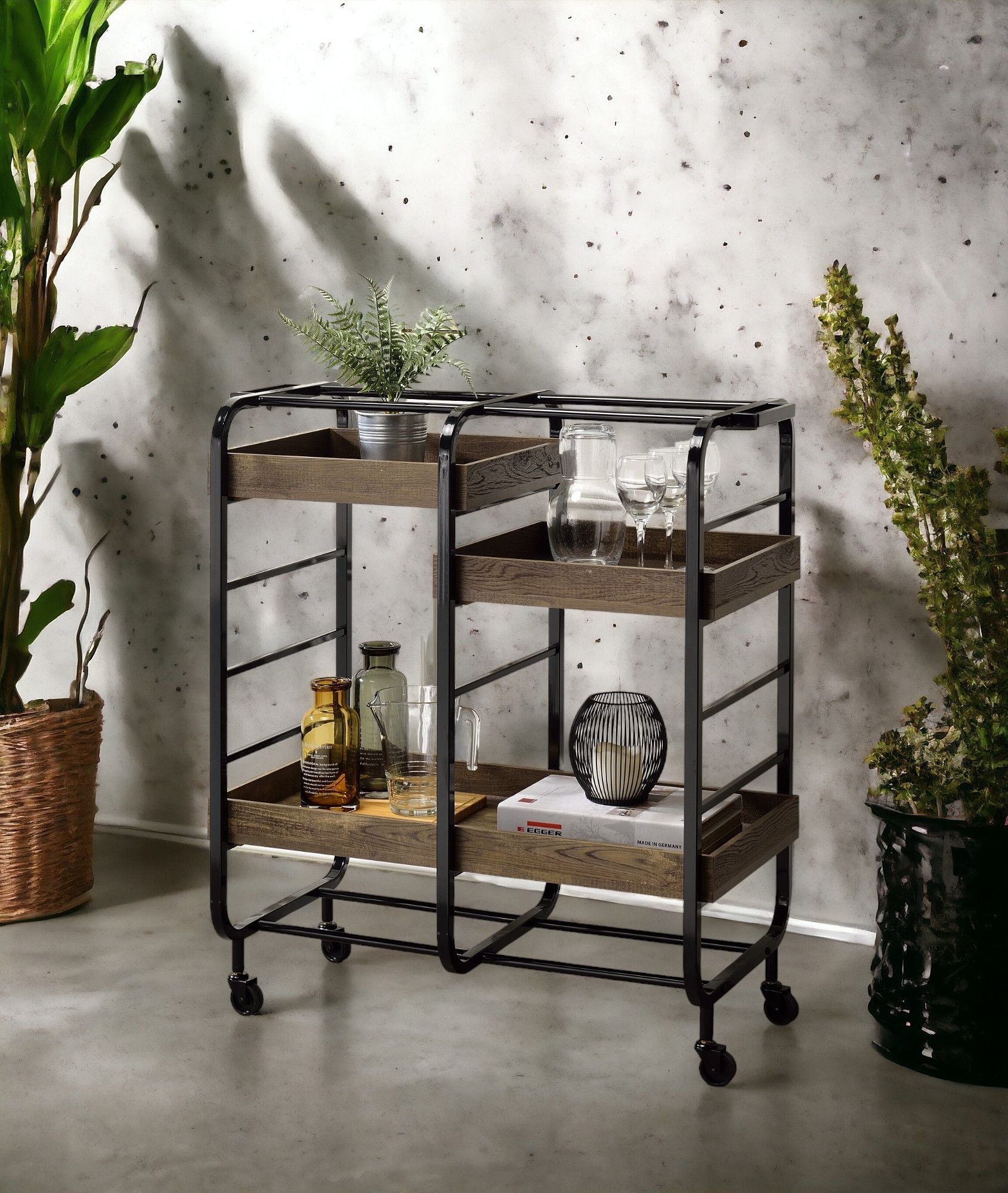 Vorrik Serving Cart - Black / Walnut