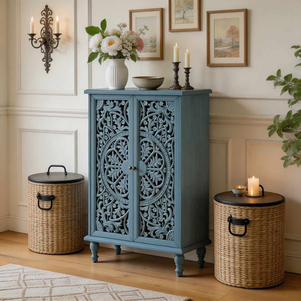 Farmhouse Accent Storage Cabinet, 2-Door Hollow Carved, Antique Blue