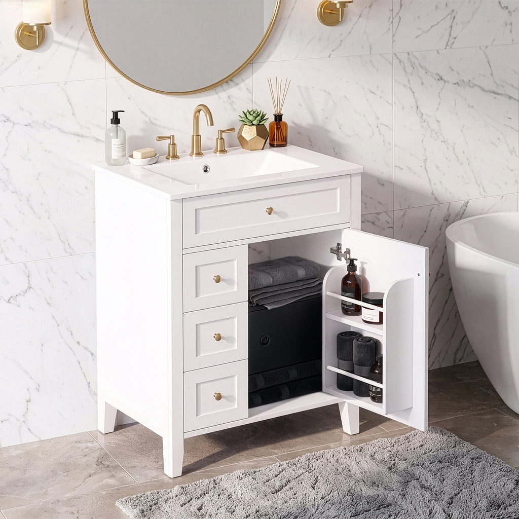24" Modern Bathroom Vanity with Ceramic Sink and Storage Rack