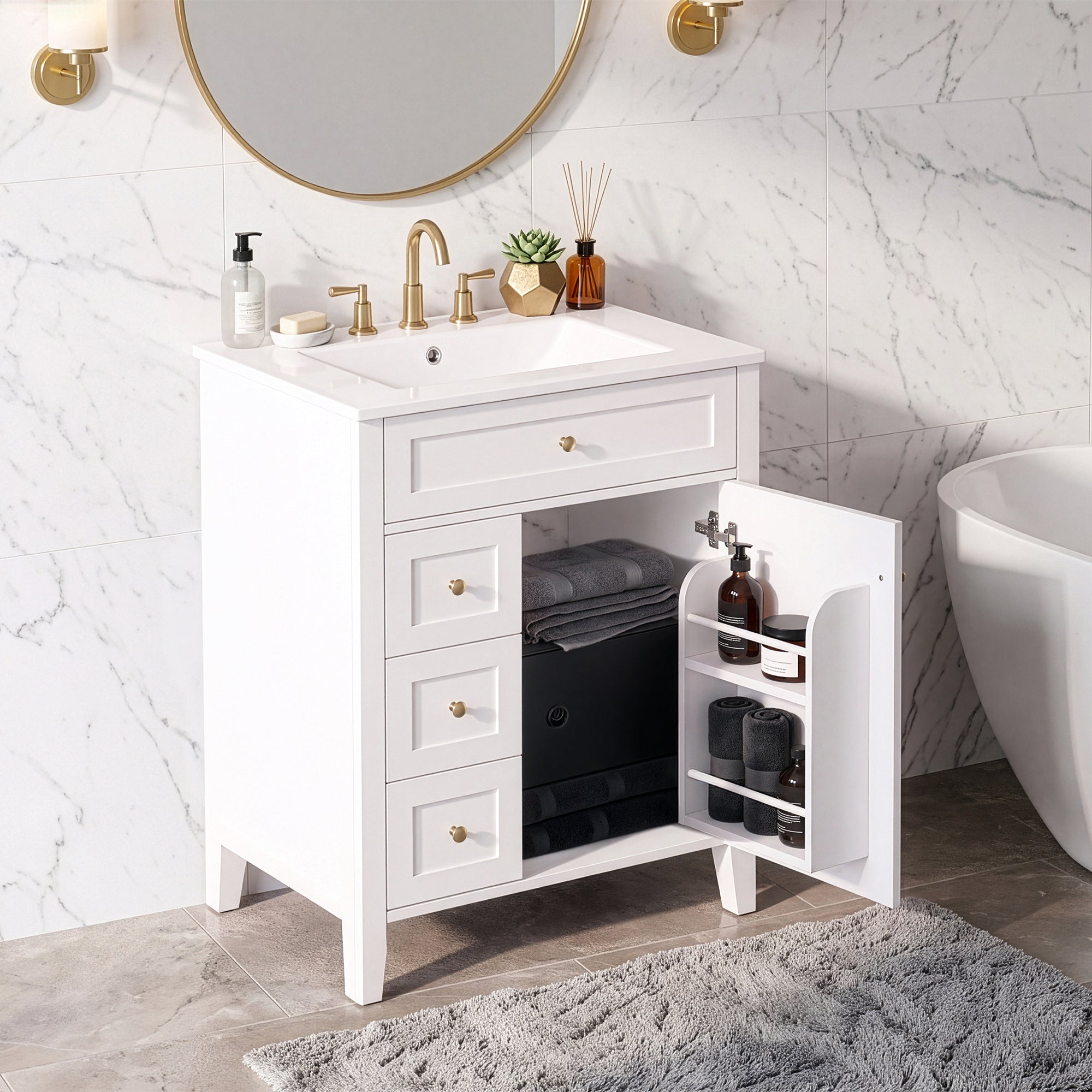 24" Modern Bathroom Vanity with Ceramic Sink and Storage Rack