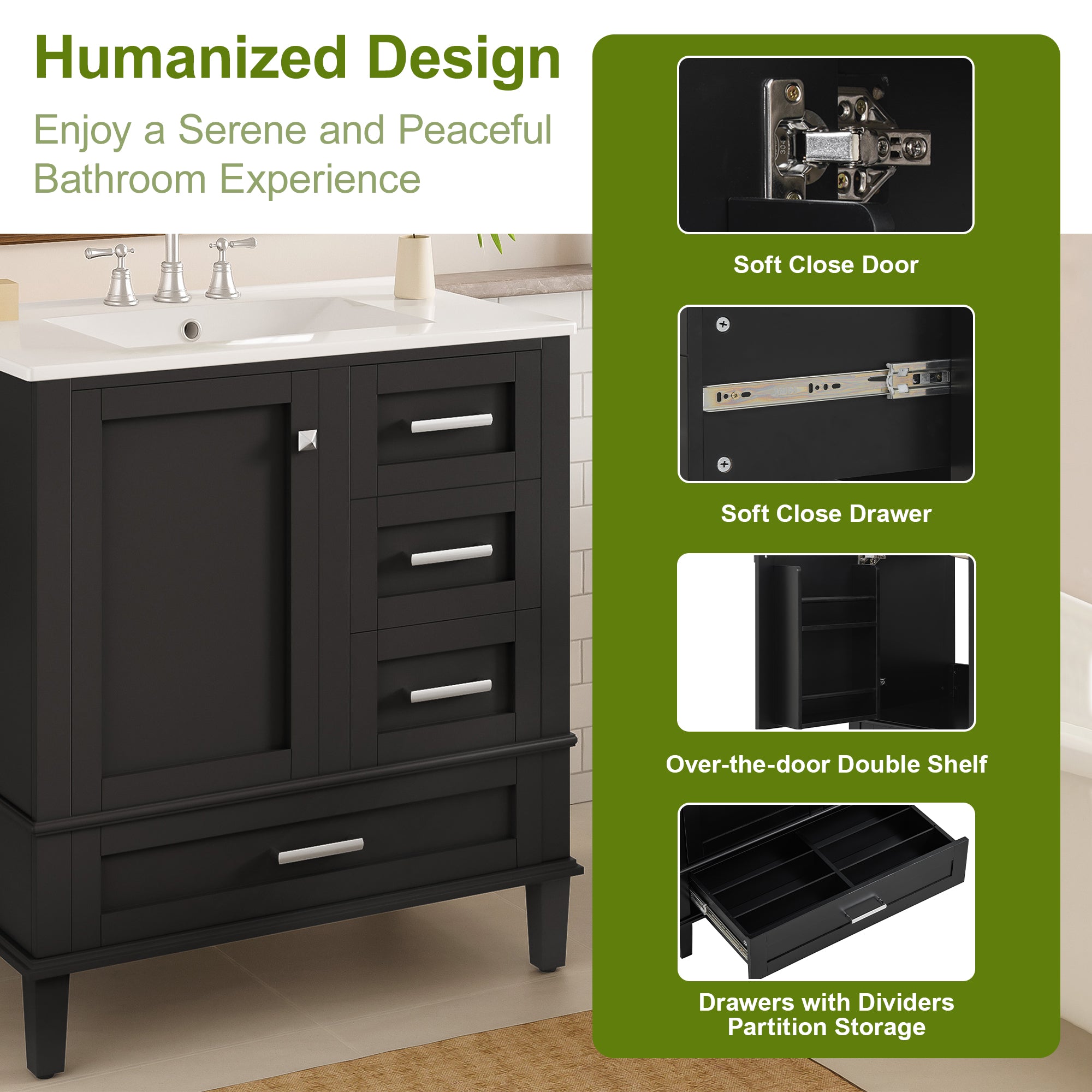 30" Bathroom Vanity, Modern Bathroom Cabinet with Sink Combo Set