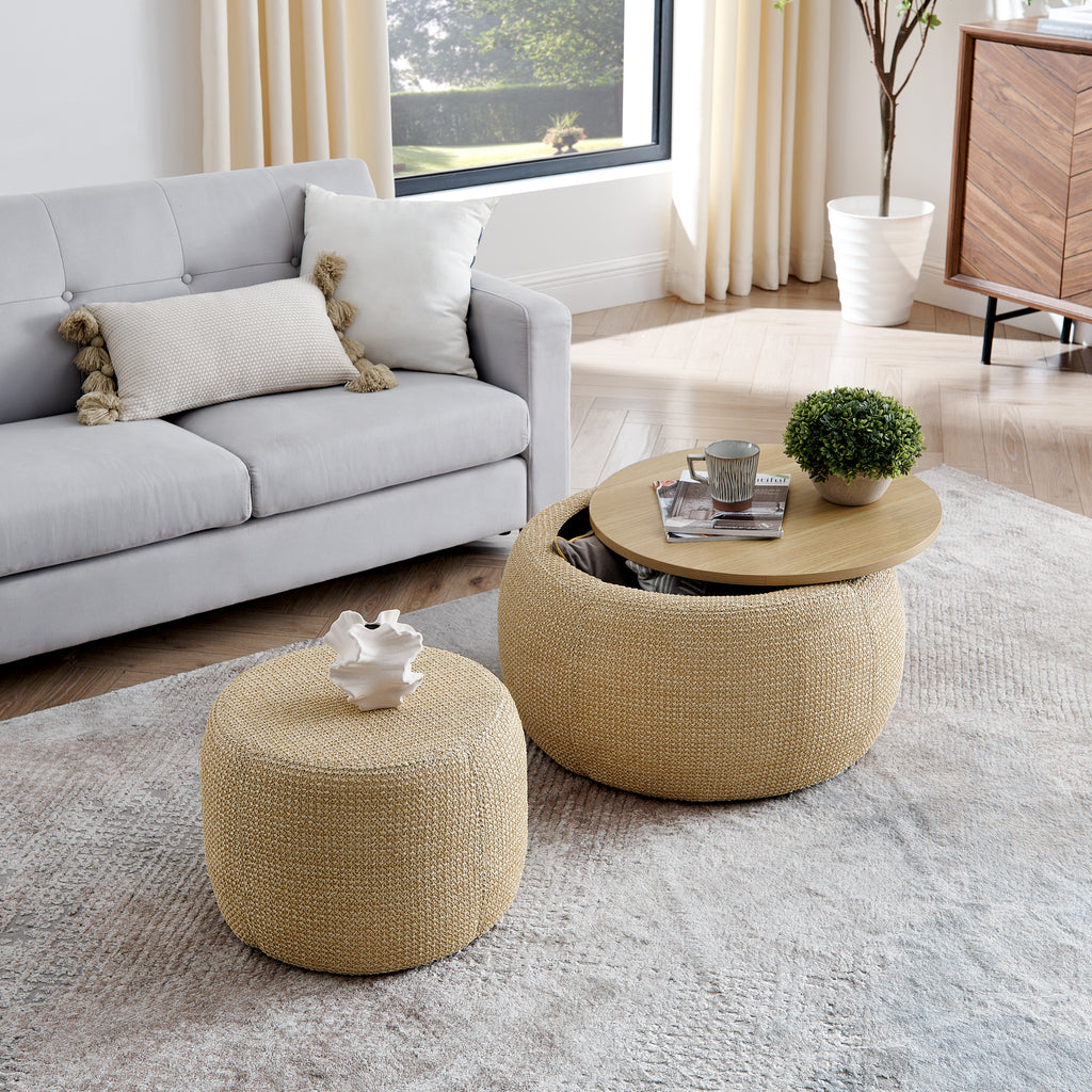 Round Storage Ottoman, Woven Rattan Fabric