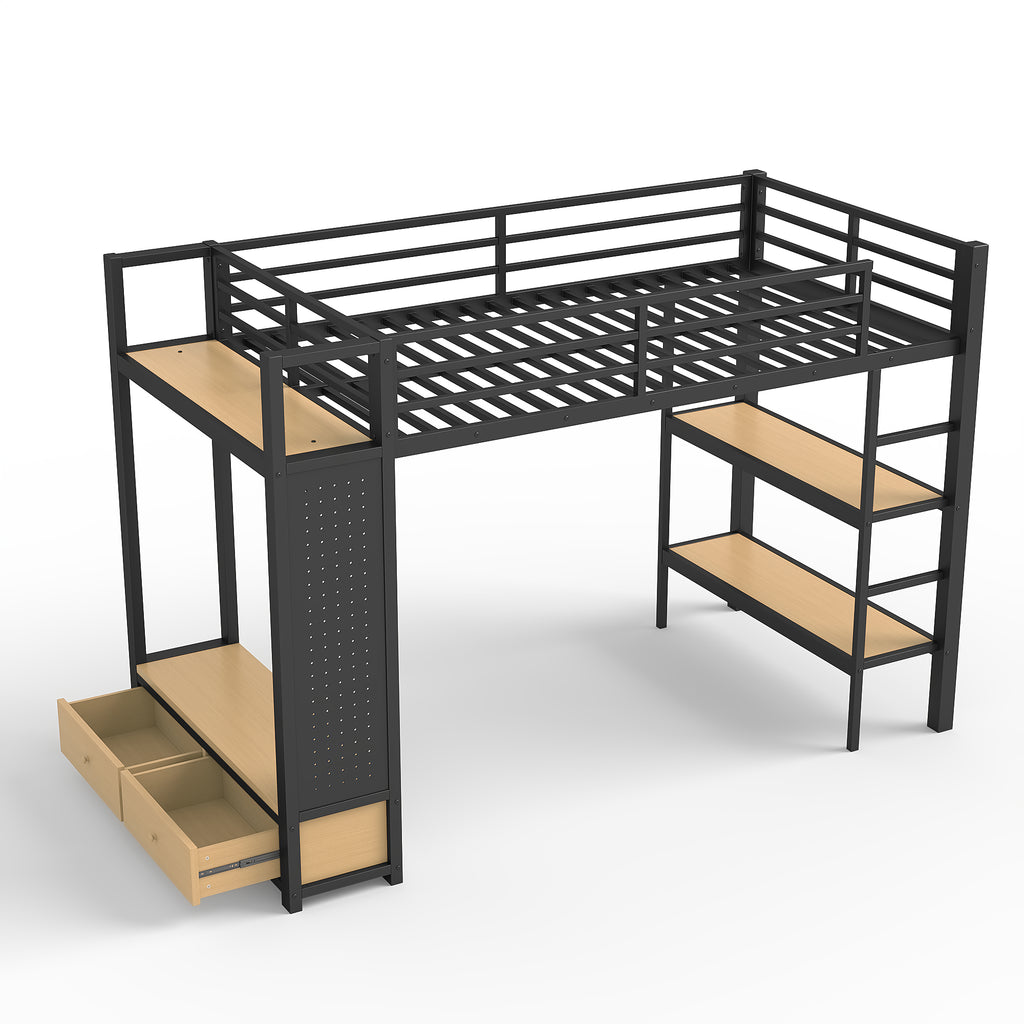 Twin XL Loft Bed Frame with Wardrobe, Metal Loft Bed