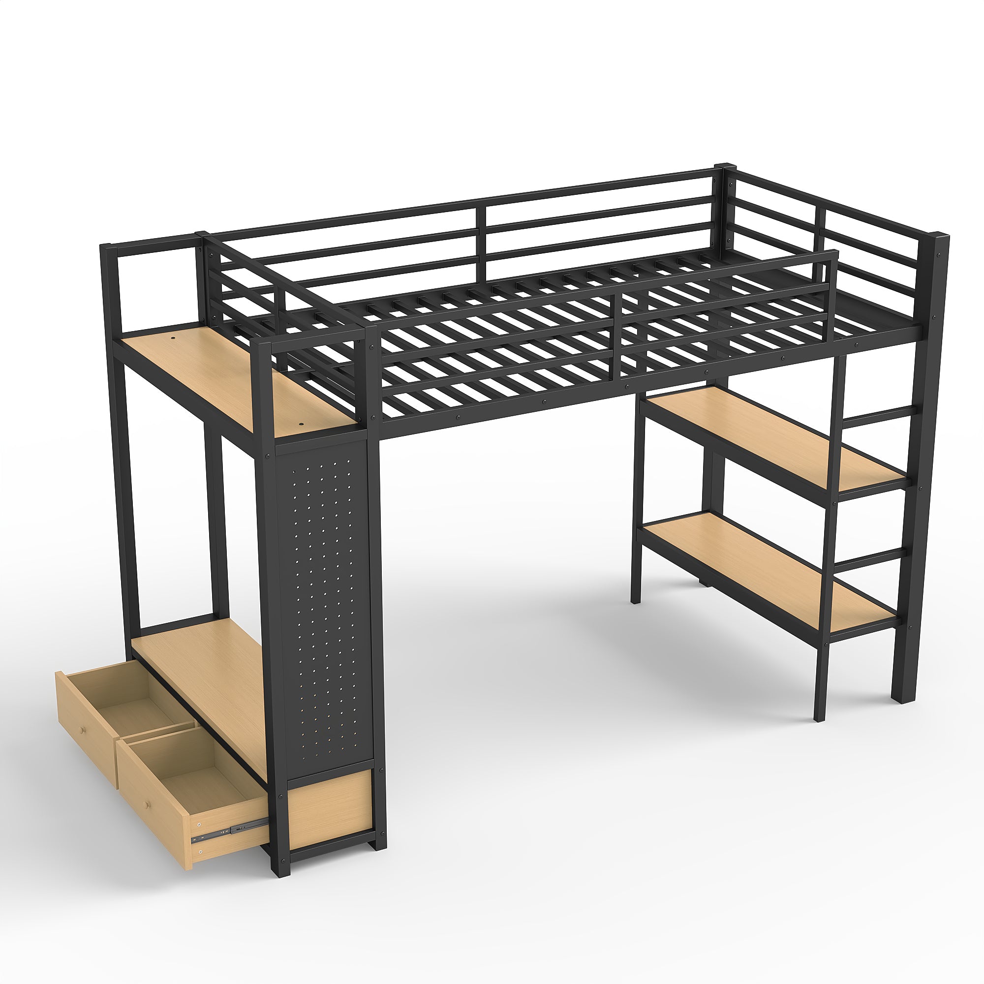 Twin XL Loft Bed Frame with Wardrobe, Metal Loft Bed