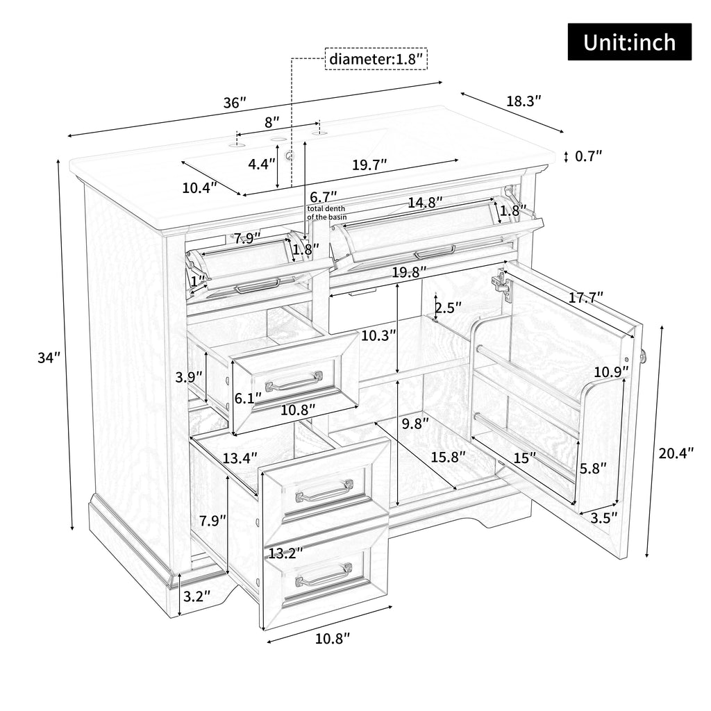 36-Inch Bathroom Vanity with Ceramic Sink Top, 4 Drawers and 1 Soft-Close Door