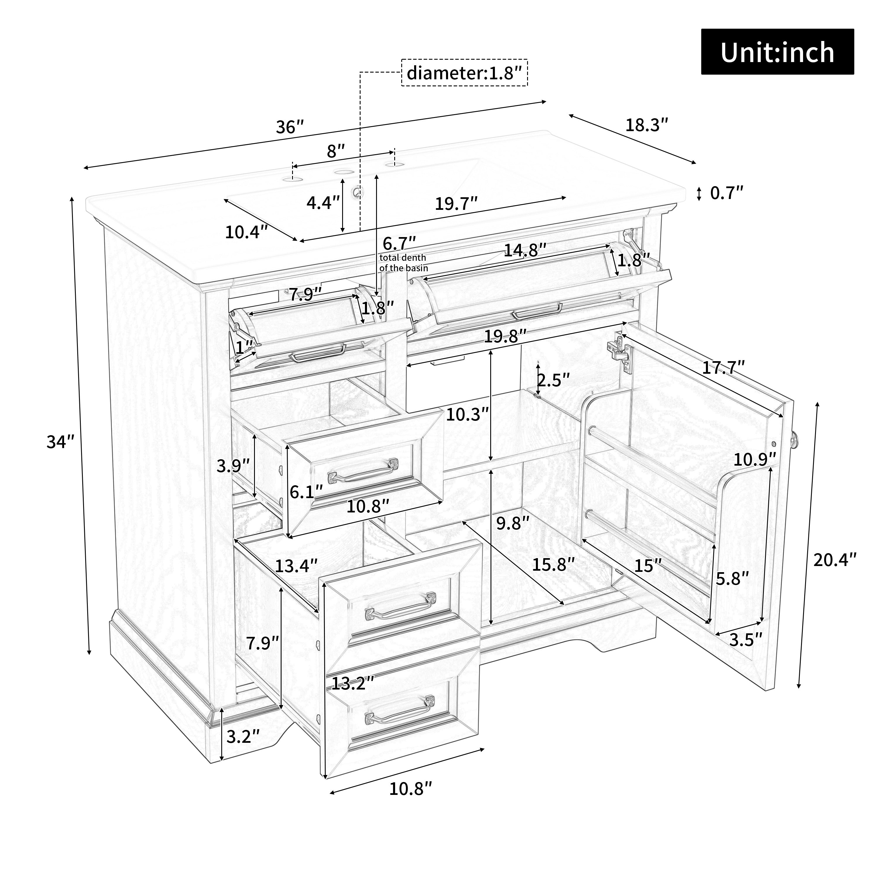 36-Inch Bathroom Vanity with Ceramic Sink Top, 4 Drawers and 1 Soft-Close Door