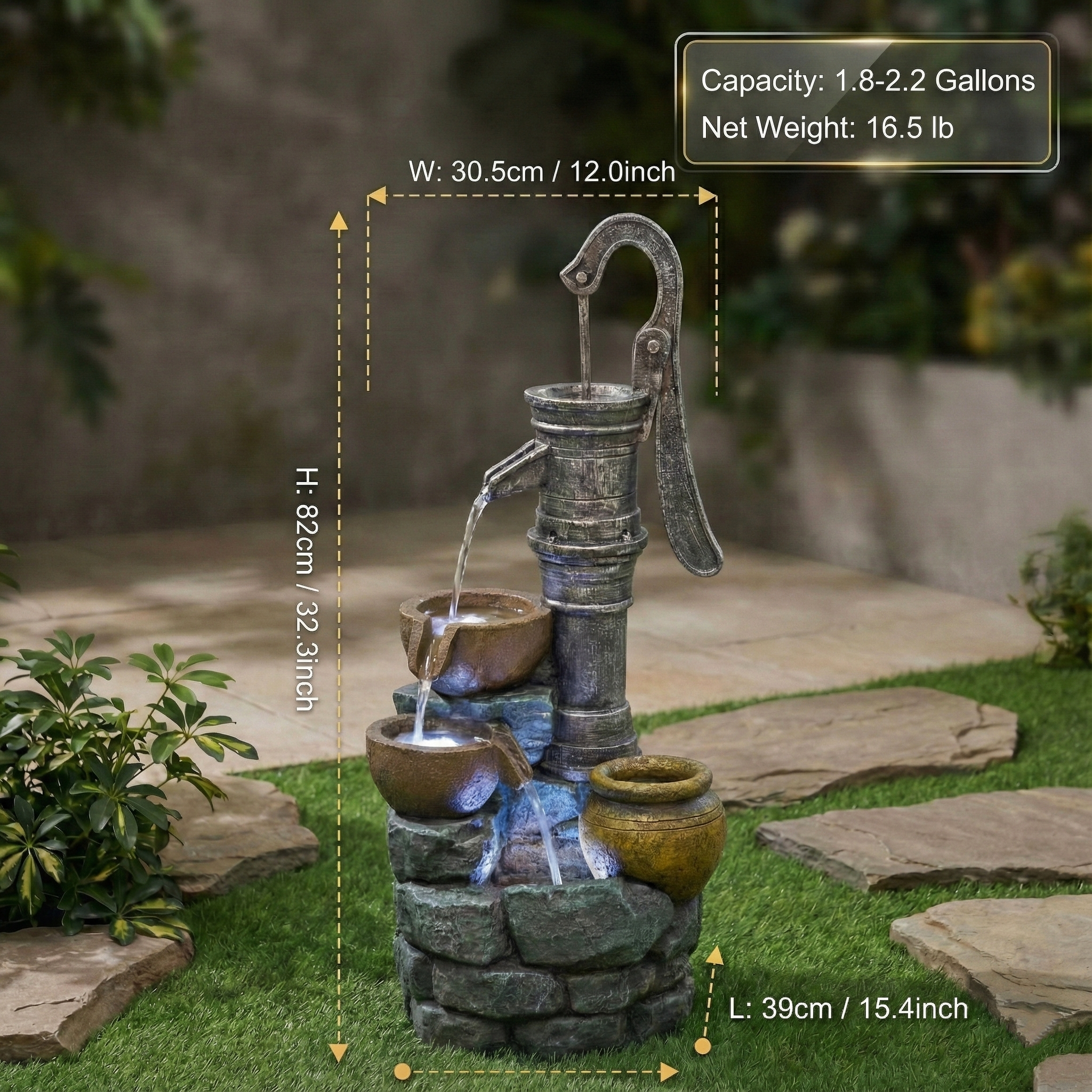 32" H Large Outdoor Water Fountain with Vintage Pump