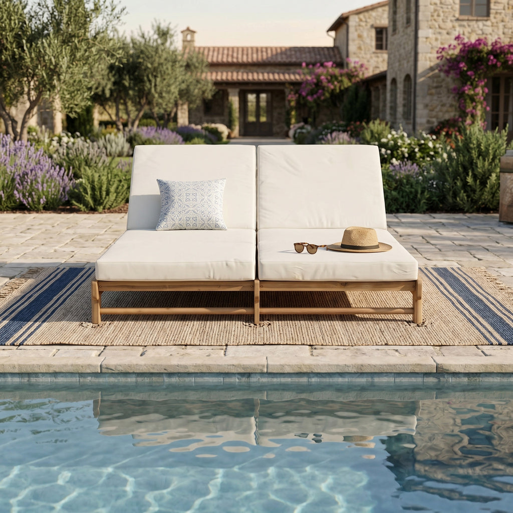 Light Teak Acacia Wood Double Chaise Lounger Set: 1 Frame + 2