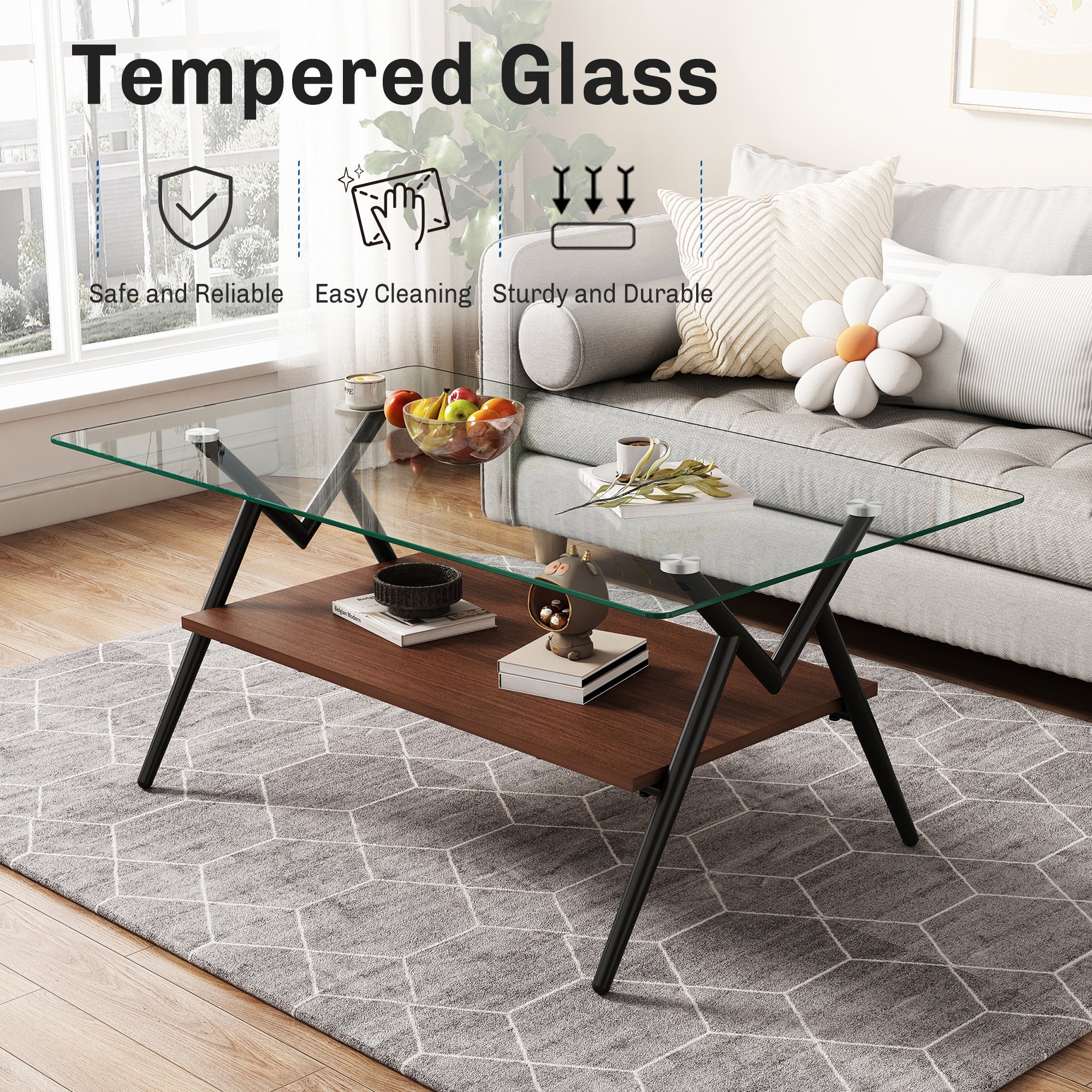 Rectangle Coffee Table with Tempered Glass Top