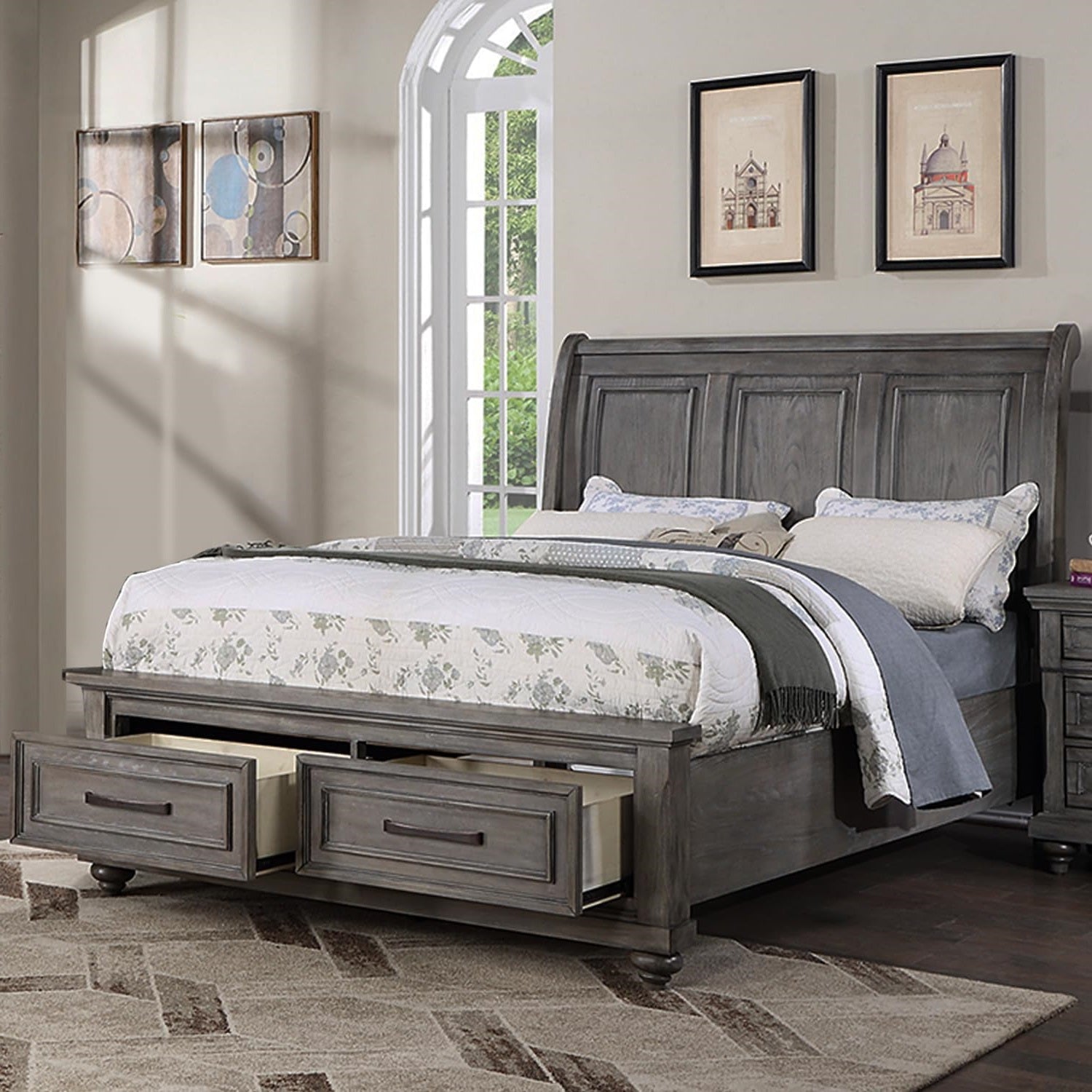 Vintage Queen Size Bed with Underbed Drawer and Nightstands