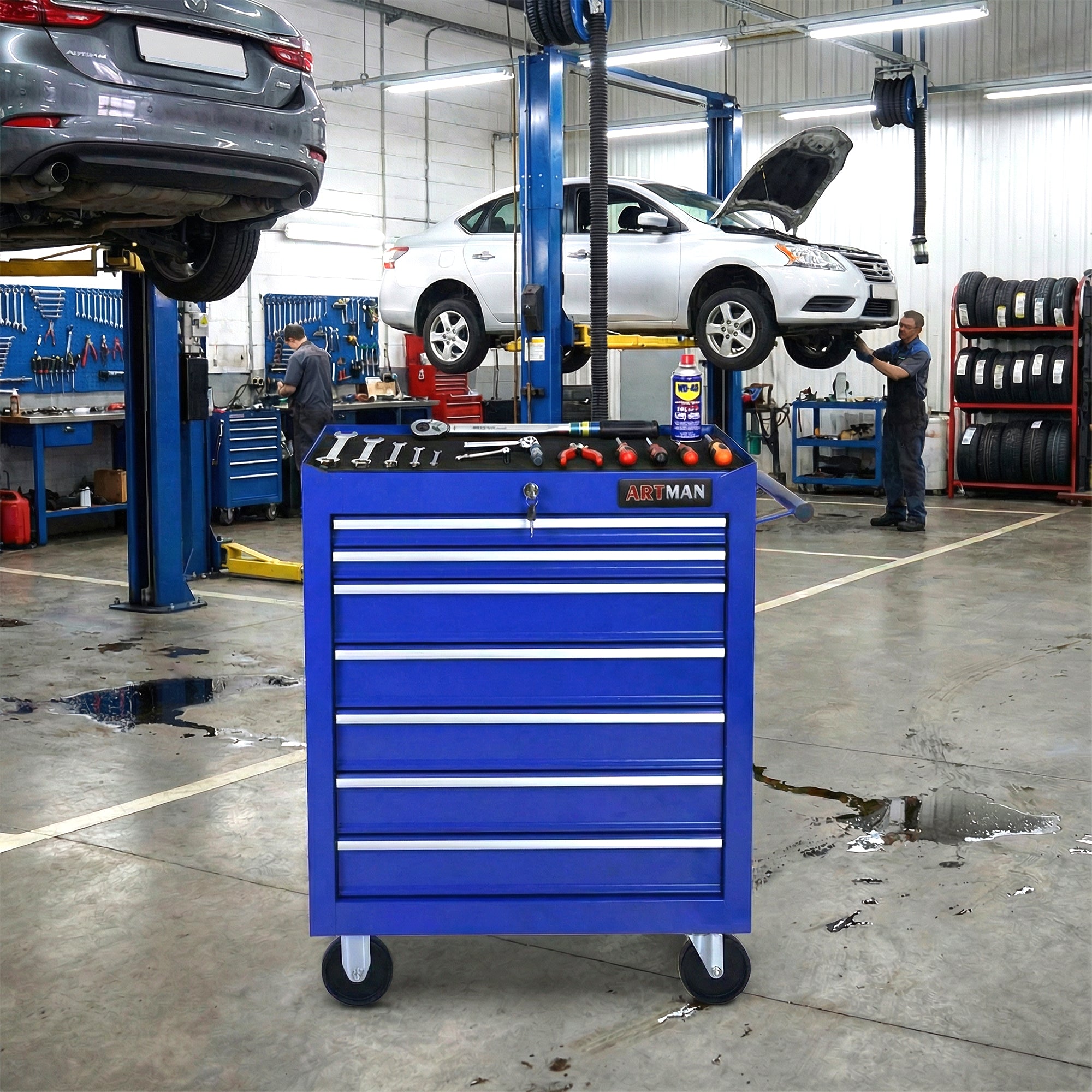 7 Drawers Multifunctional Tool Cart with Wheels - Blue