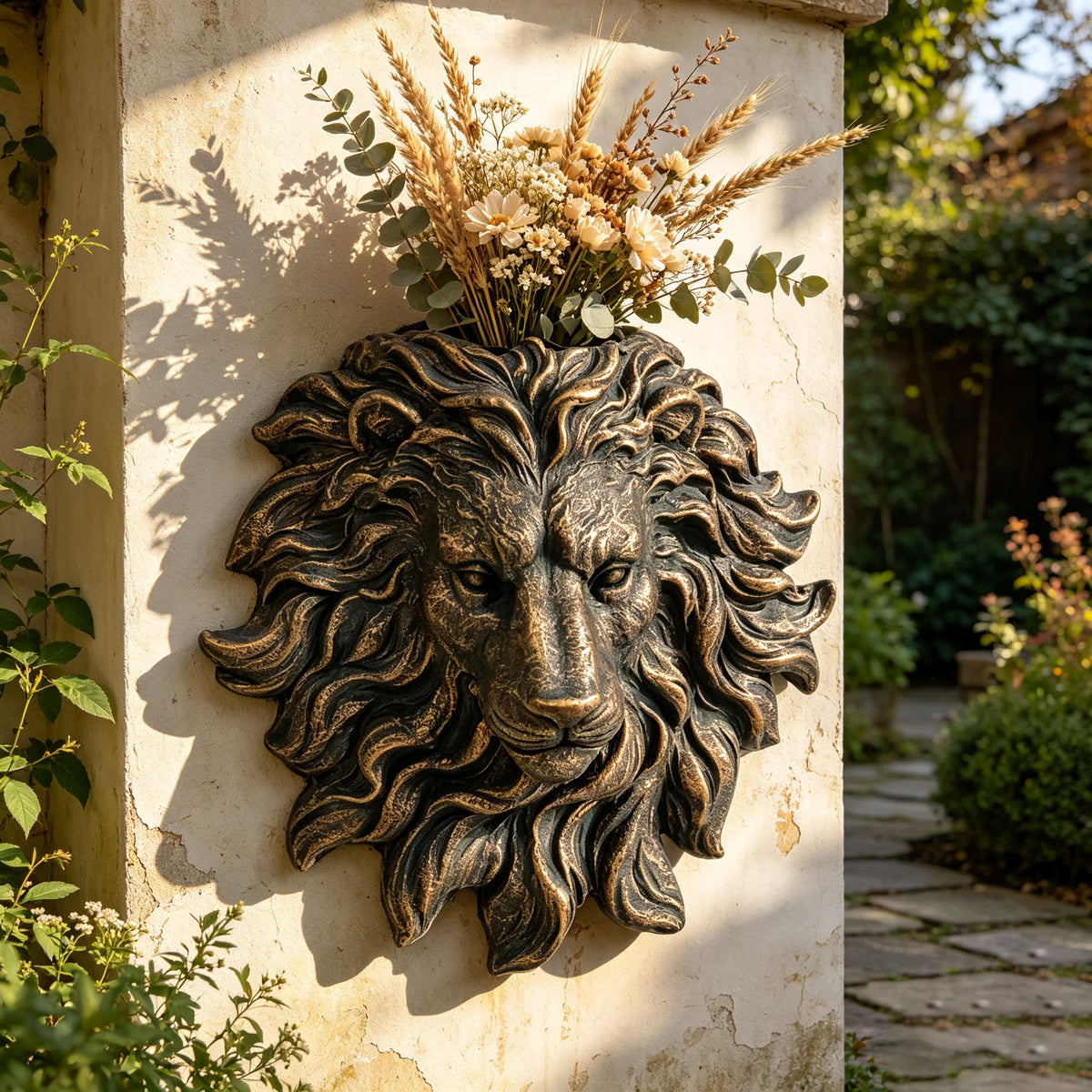 Antique Bronze Lion Head Wall Fountain Spout, 19'' Resin Vintage Lion Bust Wall Mount Water Feature Ornament, Weatherproof Lion Head Water Sprayer for Garden Patio Backyard Pool Wall Decor