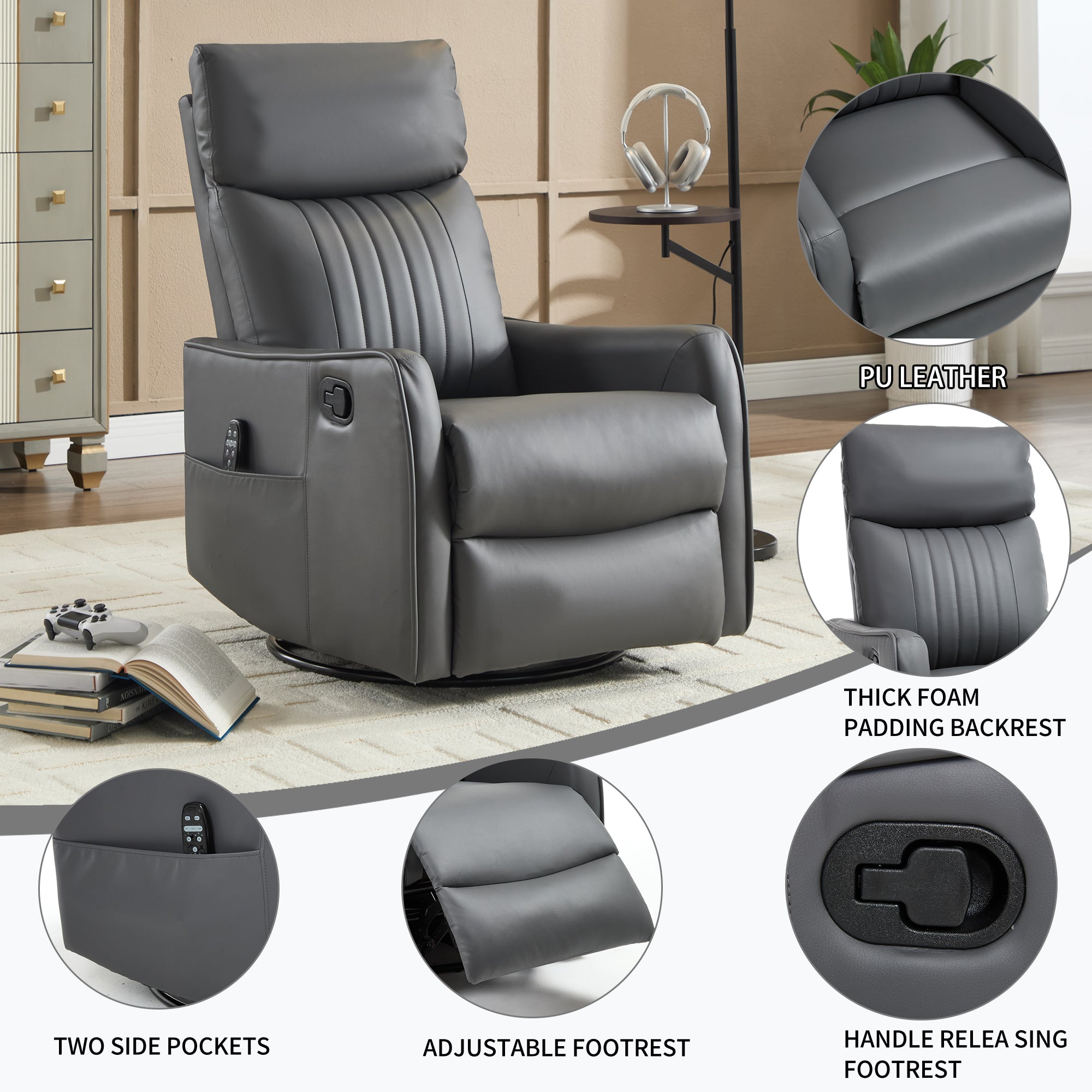 Grey Faux Leather Heat Massage Manual Recliner Chair