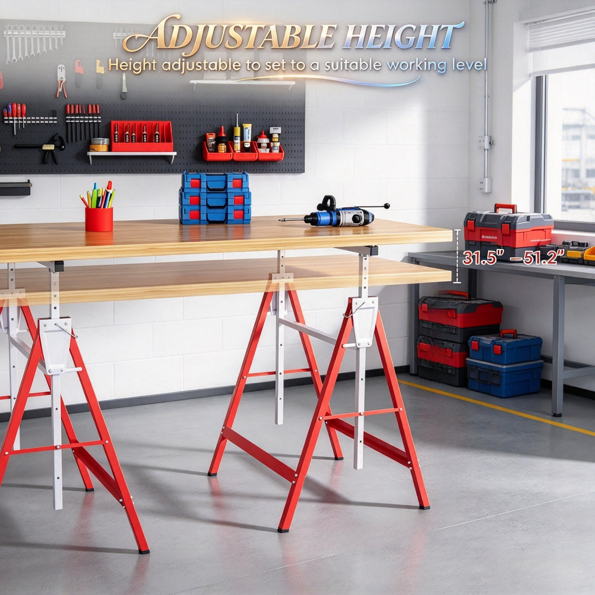 2-Pack Heavy-Duty Folding Sawhorse, Adjustable Height Steel Work Stand, Red