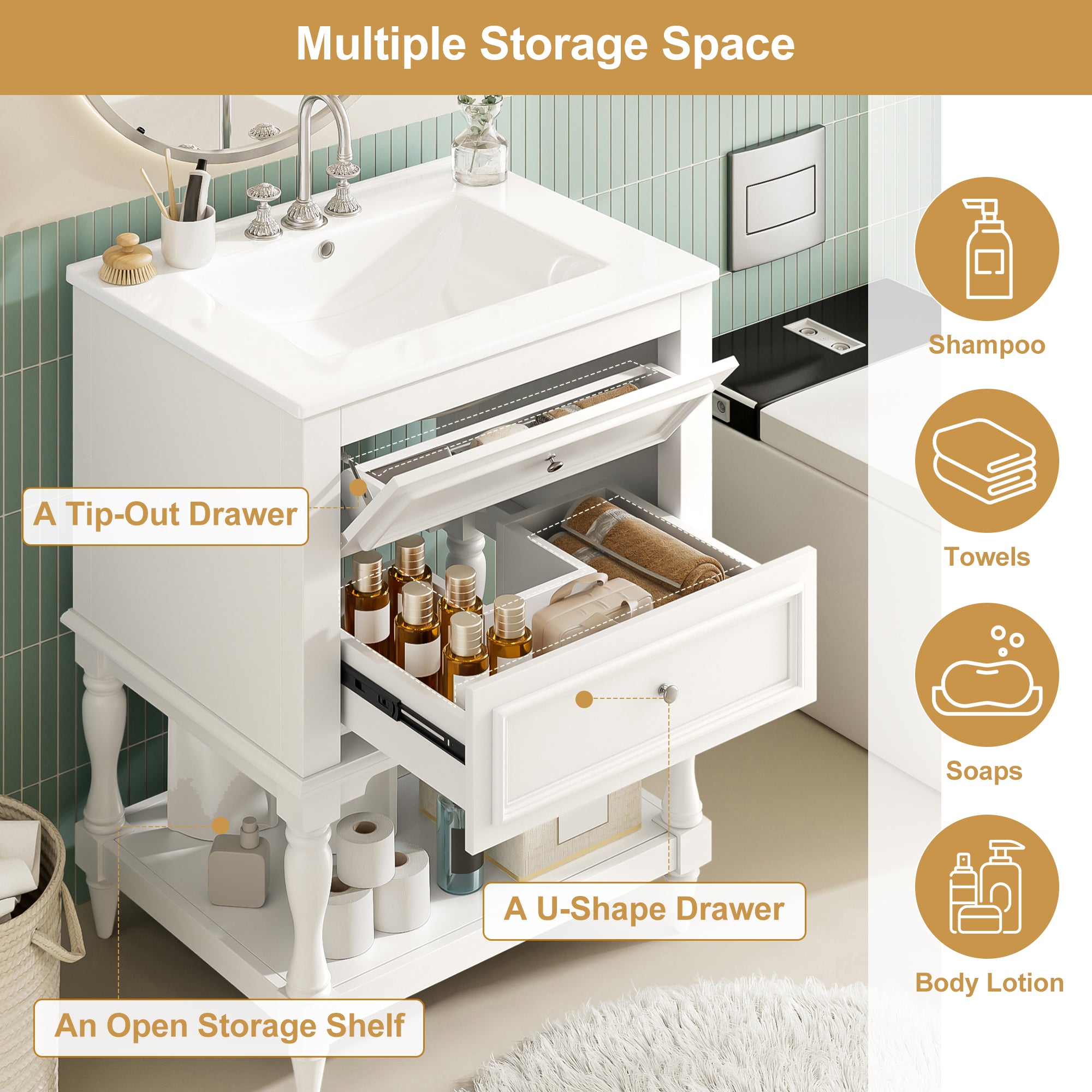 24-Inch Bathroom Vanity with Ceramic Sink and Storage Cabinet