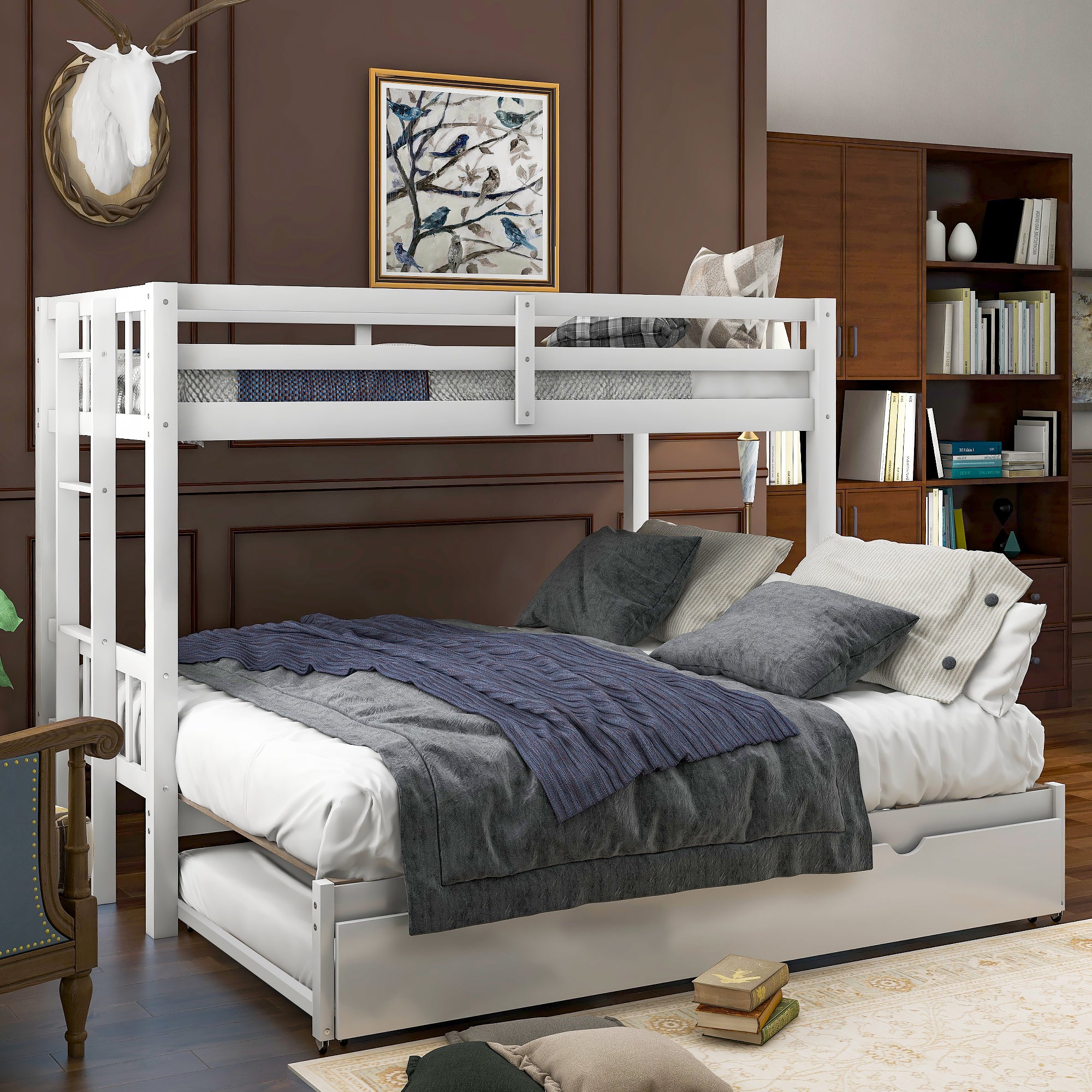 Twin Over Pull-Out Bunk Bed with Trundle, White