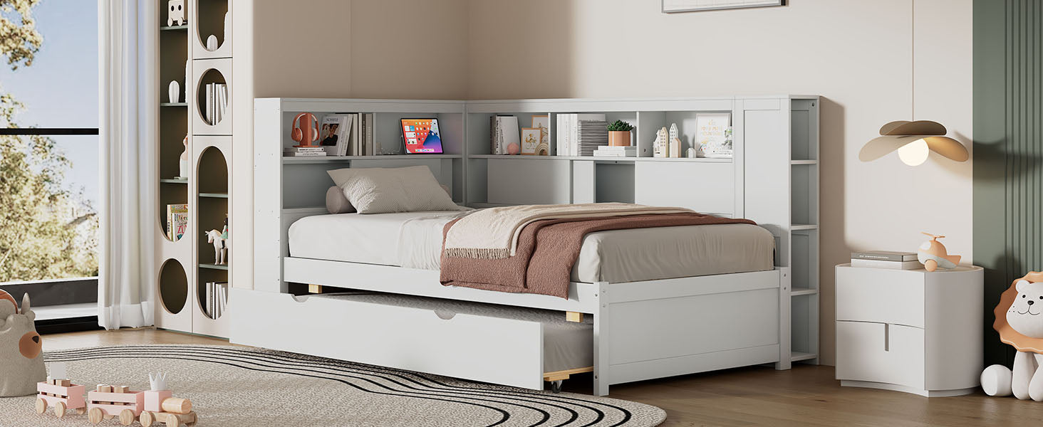 Twin Size Wood Daybed with Storage Shelves, USB and Trundle