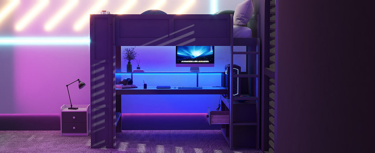 Wood Full Size Gaming Loft Bed with Desk, Storage Shelves, and LED Lighting