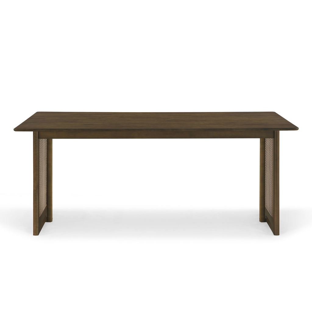Walnut-Colored Rubber Wood Dining Table with Rattan Accents