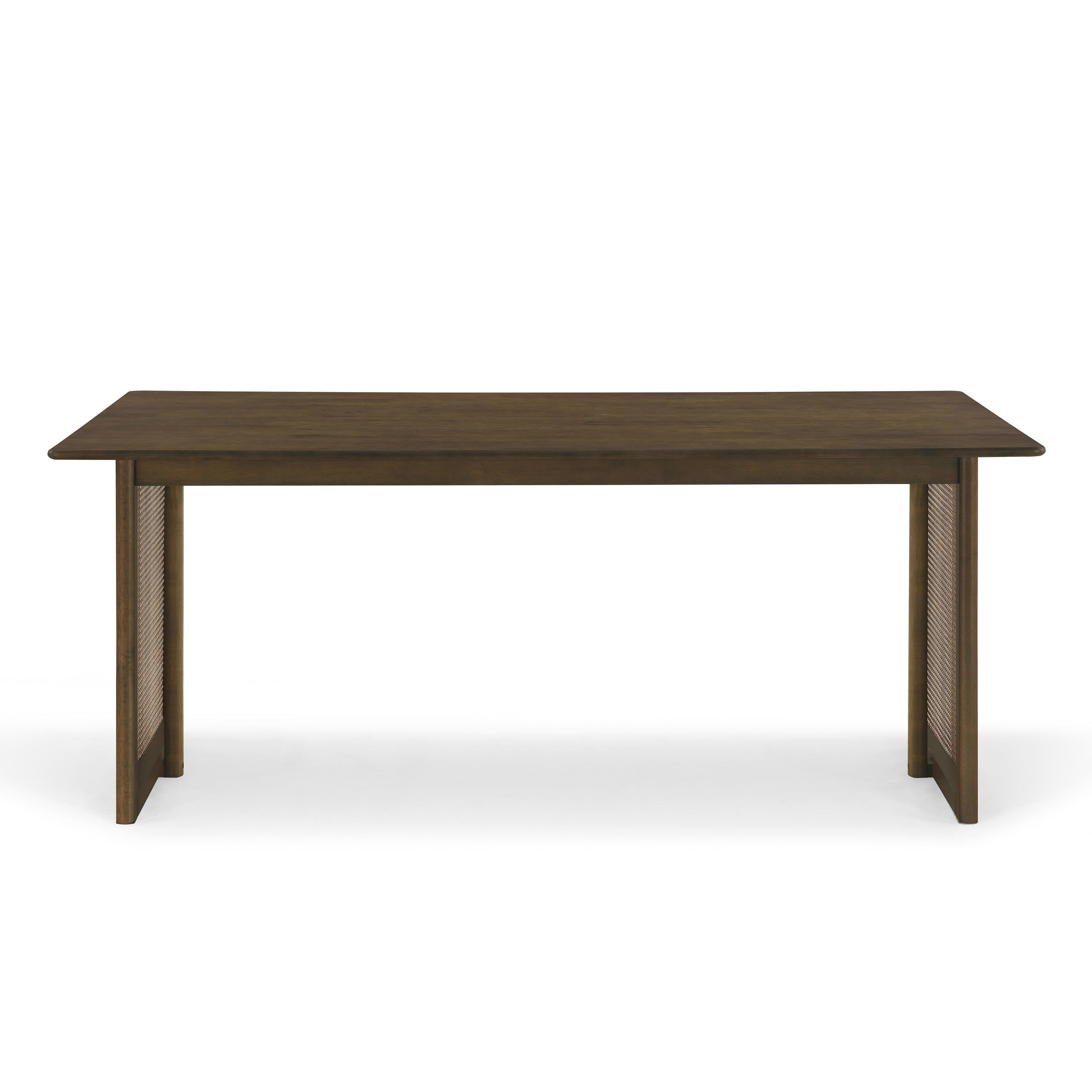 Walnut-Colored Rubber Wood Dining Table with Rattan Accents