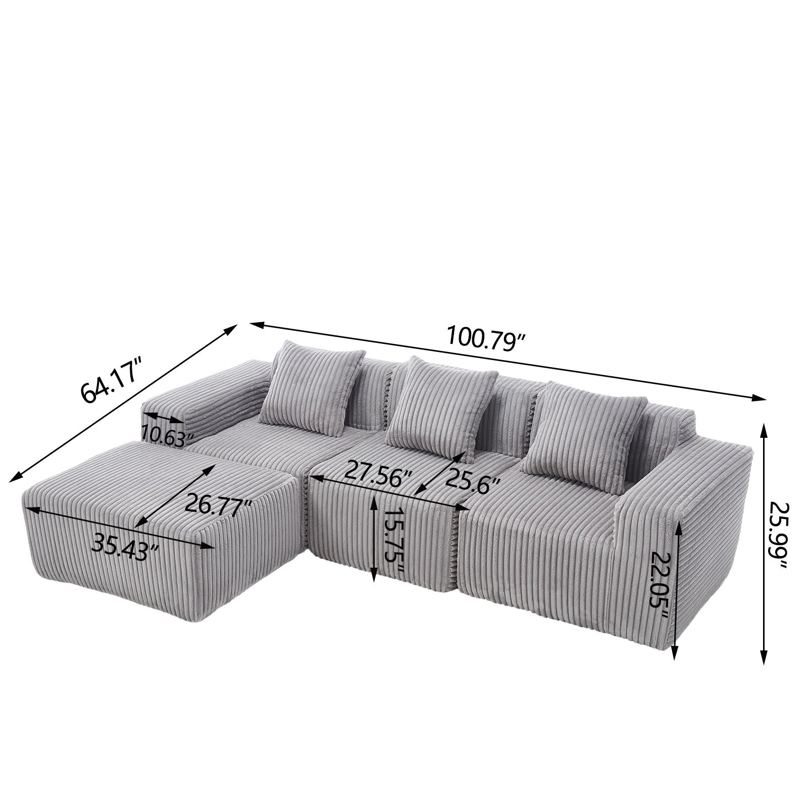 L-Shape Modern Minimalist Modular Sectional Sofa with Deep Seats