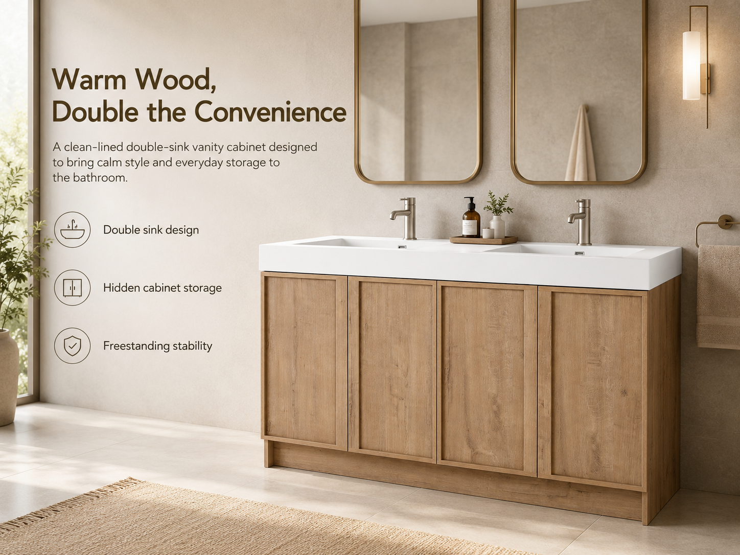 60" Freestanding Bathroom Vanity With Dual Resin Sink