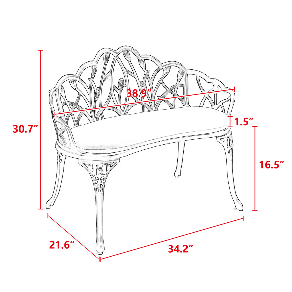 Tulip Patio Garden Bench - Cast Aluminum with Floral Backrest