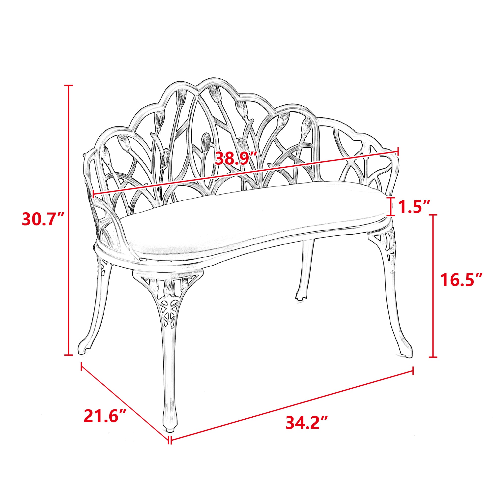 Tulip Patio Garden Bench - Cast Aluminum with Floral Backrest