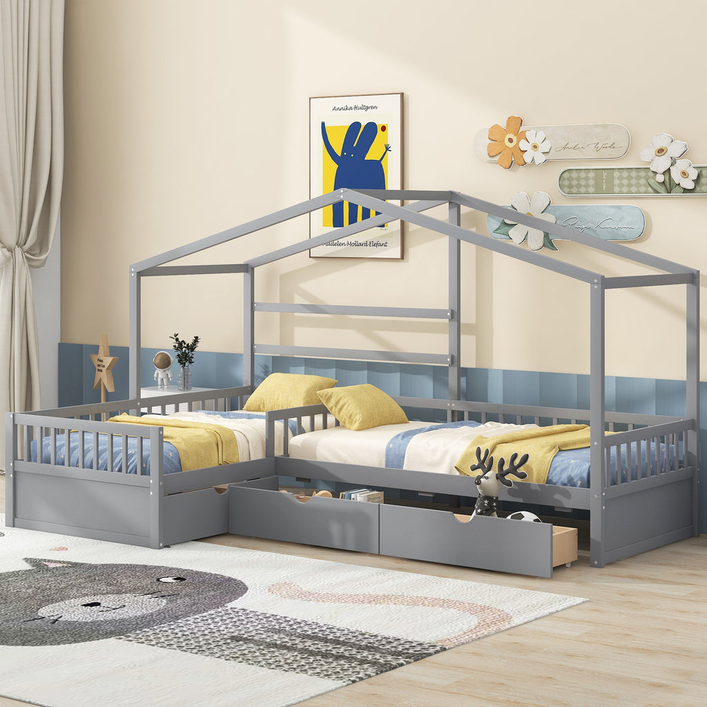Twin Size House Platform Bed with Three Storage Drawers