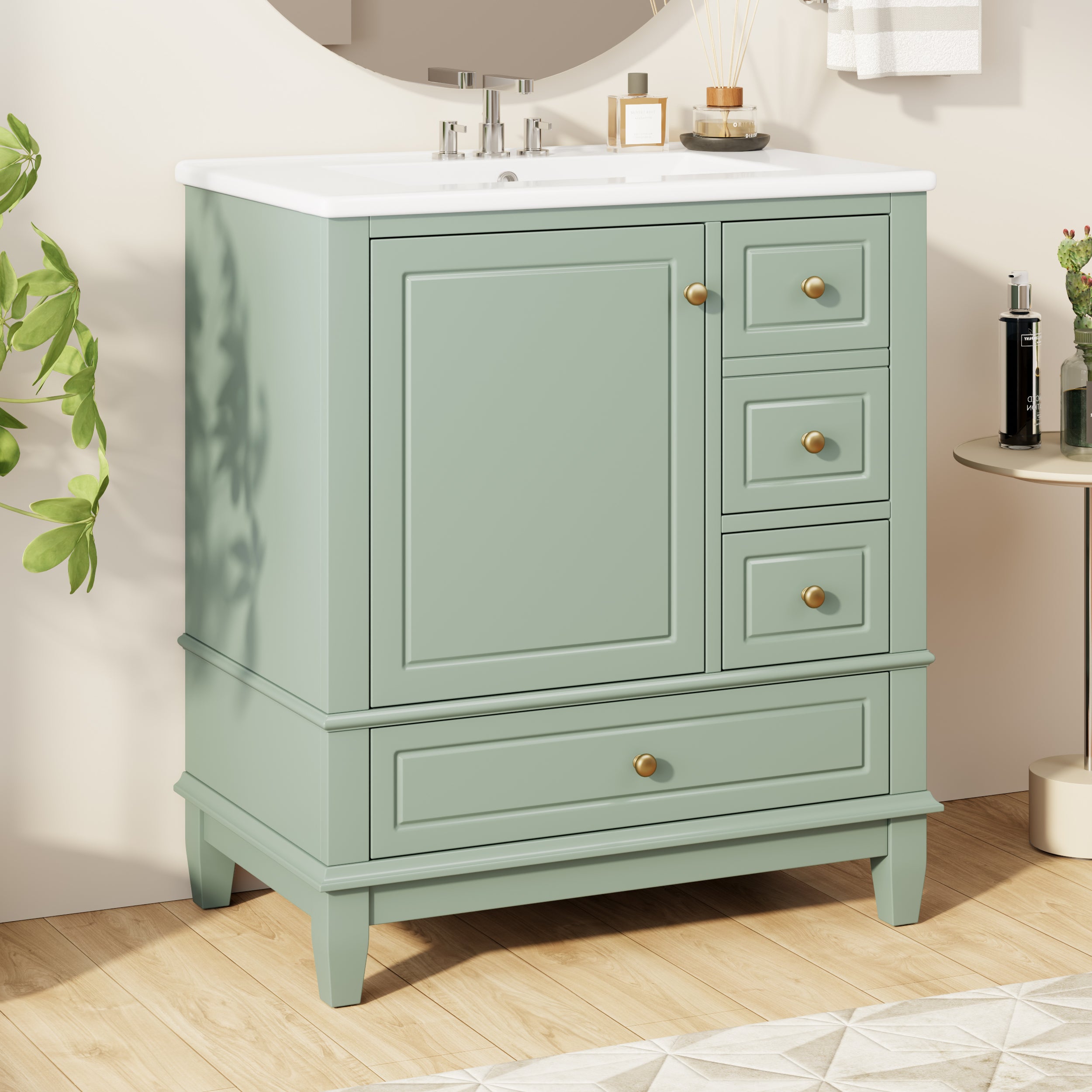 30" Bathroom Vanity with Sink, One Door and Three Drawers