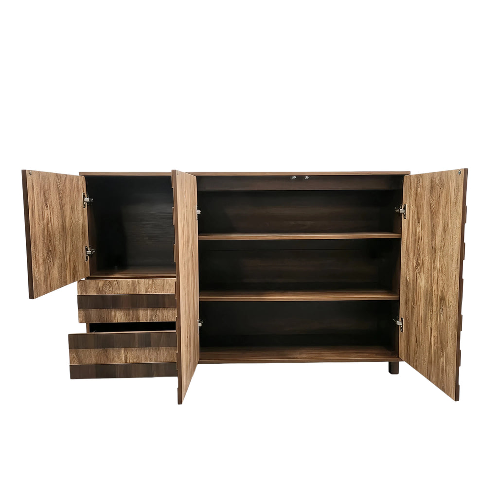 55-Inch Two-Tone Wood Sideboard Buffet Cabinet, Star-Cutout Design, Natural Walnut