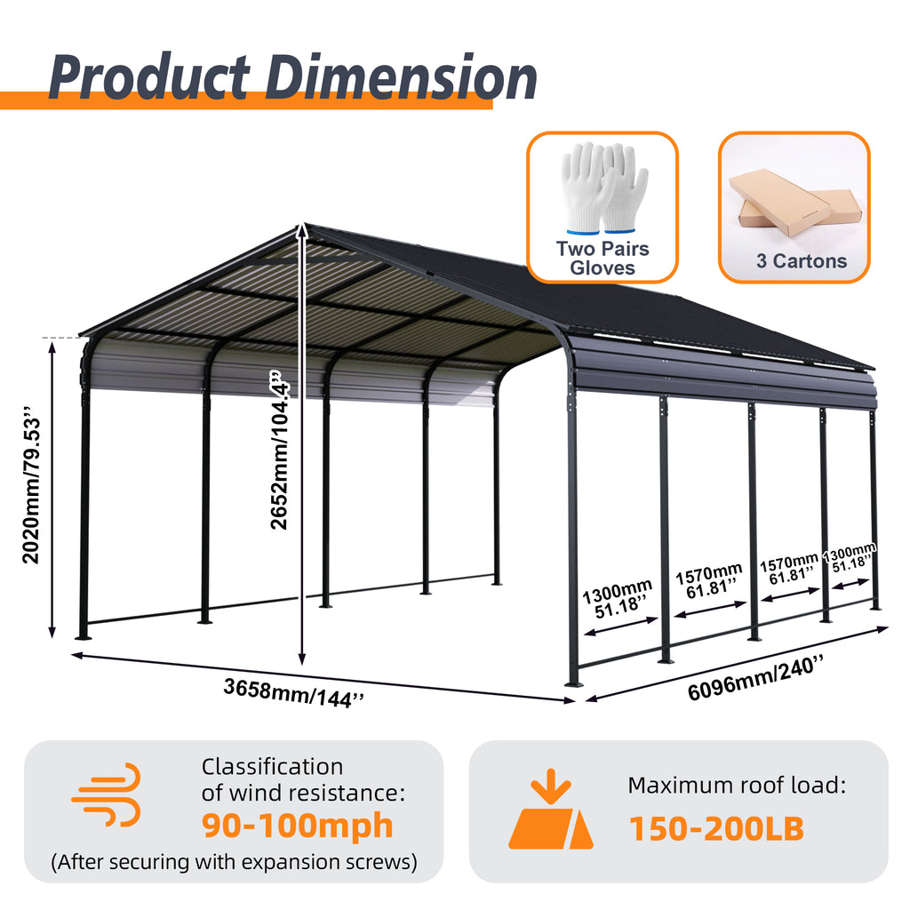 12x20 FT Heavy Duty Metal Carport with Galvanized Steel Roof