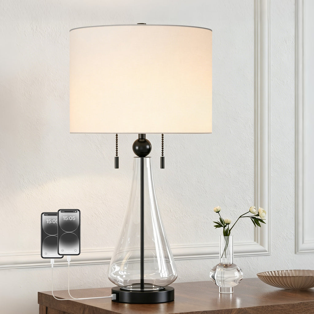Modern Glam Glass Table Lamp, 28 Inches, USB Charging, Nickel