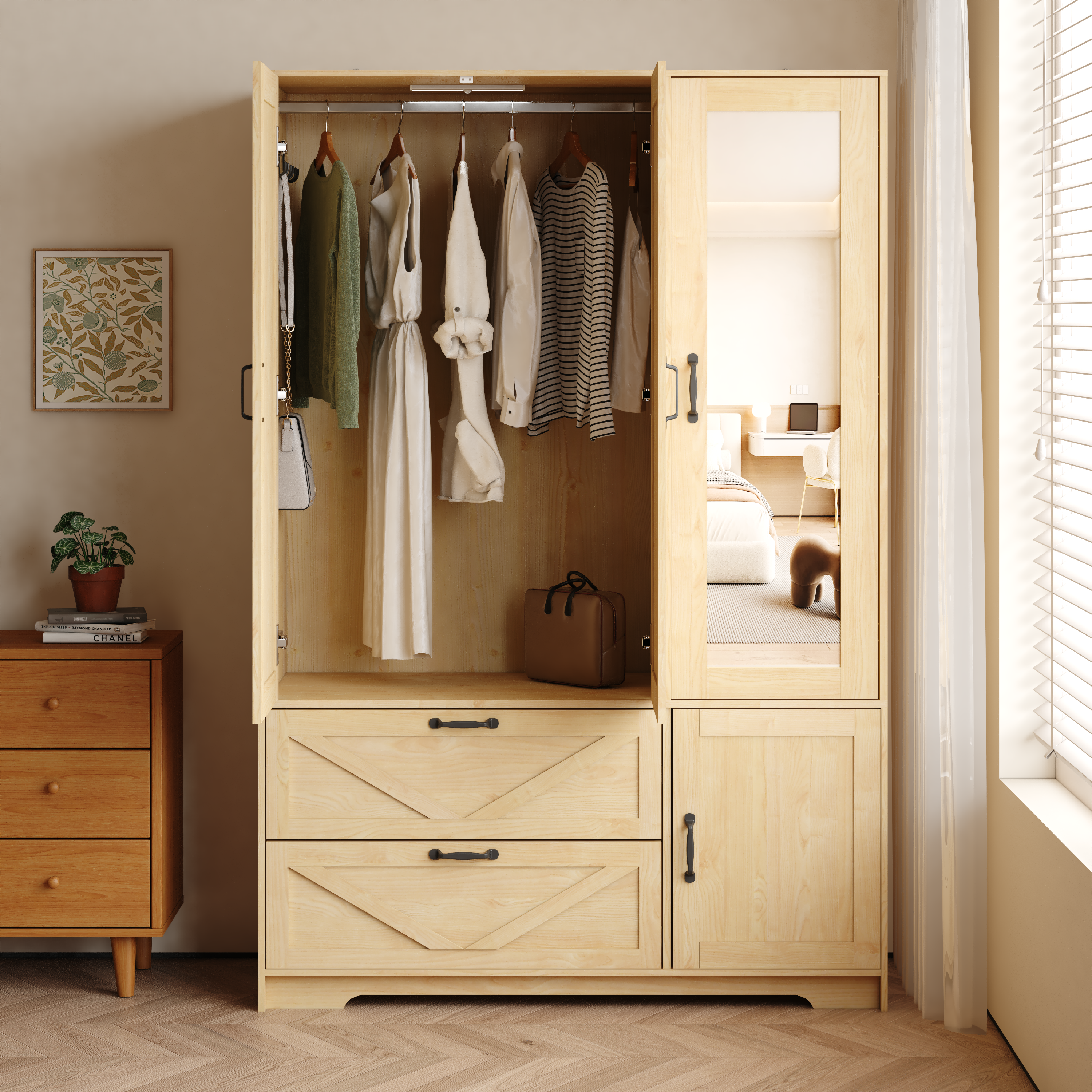 4 Doors Wardrobe Closet with Mirror, LED Wardrobe with Doors