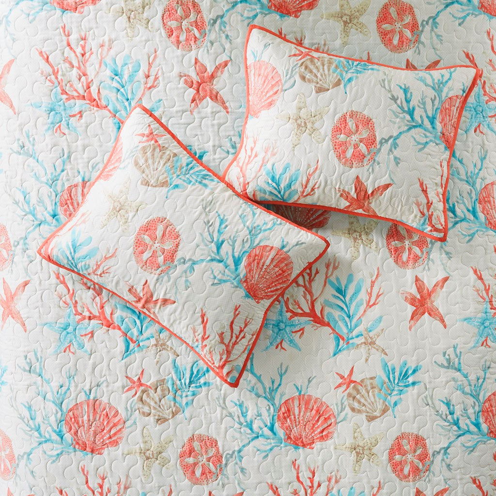6 Piece Cotton Sateen Quilt Set with Throw Pillows Coral King/Cal King