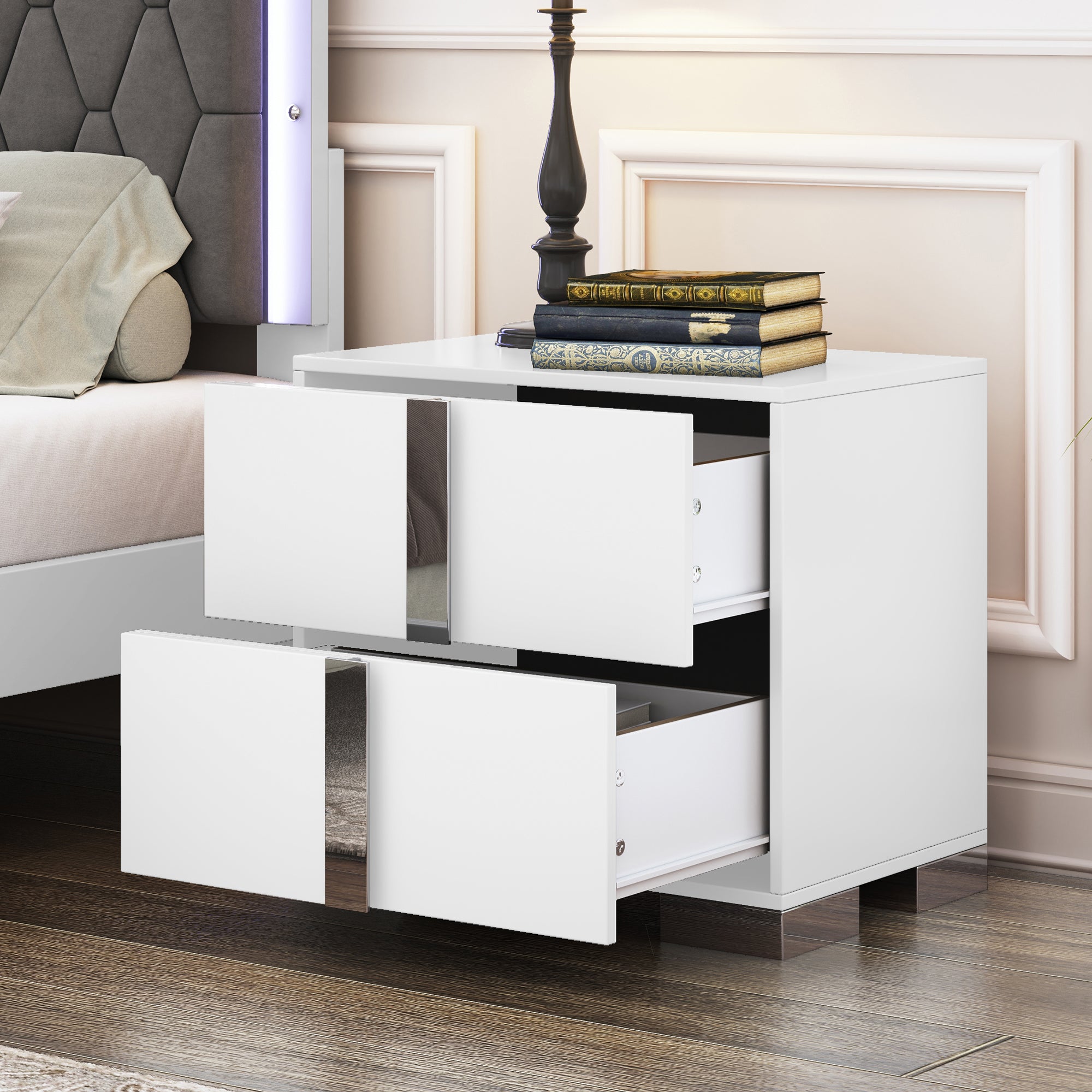 Elegant Nightstand with Metal Foot, Mirrored Bedside Table