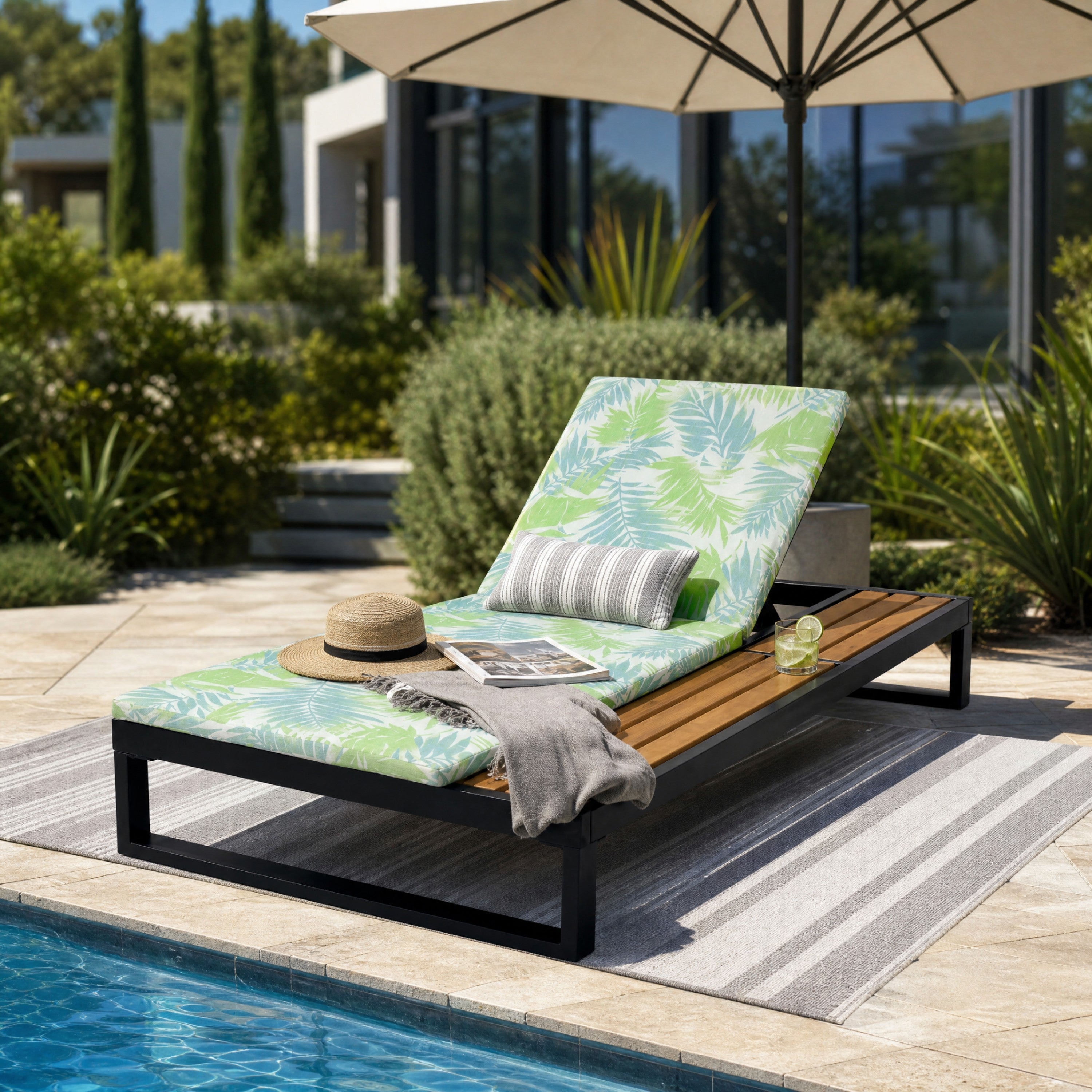 Black Iron & Teak Finish Chaise Lounge Set